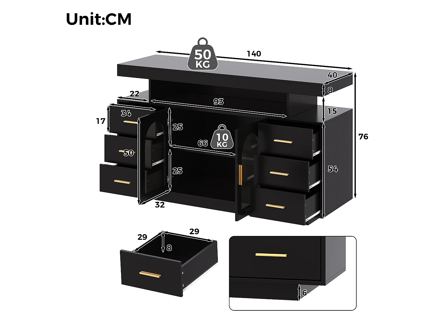 Buffet avec 6 tiroirs, 2 portes vitrées cintrées et LED - MDF - 140 x 40 x 82 cm - Noir avec poignées dorées