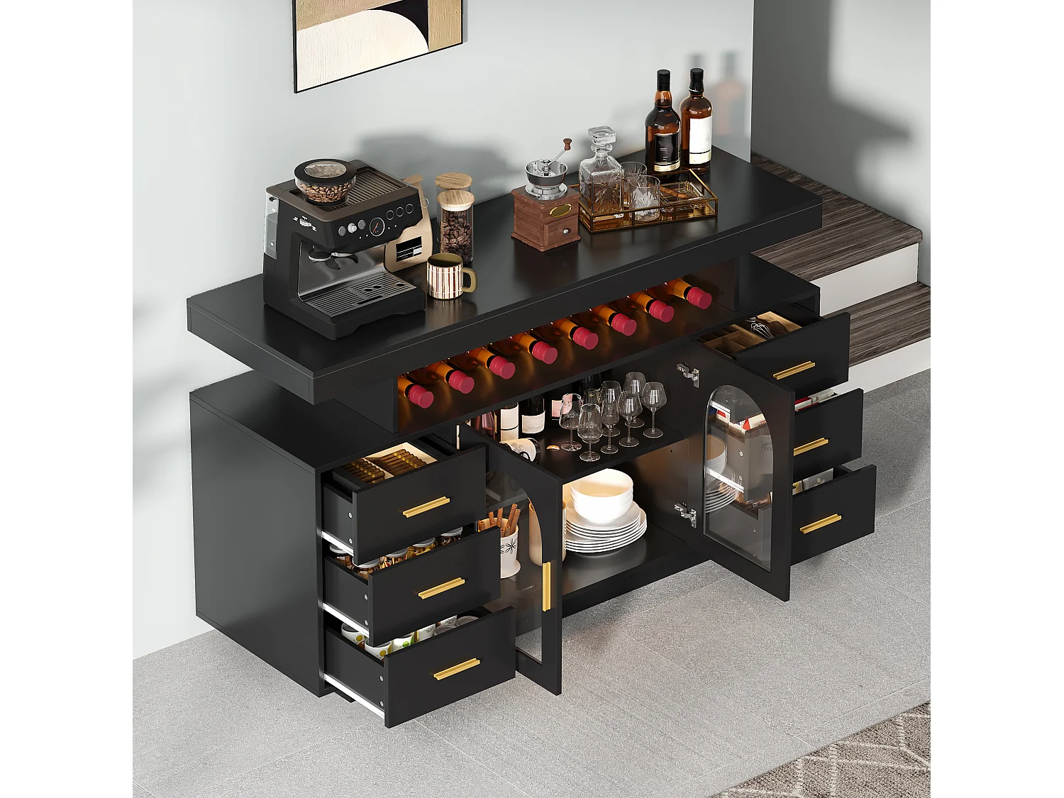 Buffet avec 6 tiroirs, 2 portes vitrées cintrées et LED - MDF - 140 x 40 x 82 cm - Noir avec poignées dorées