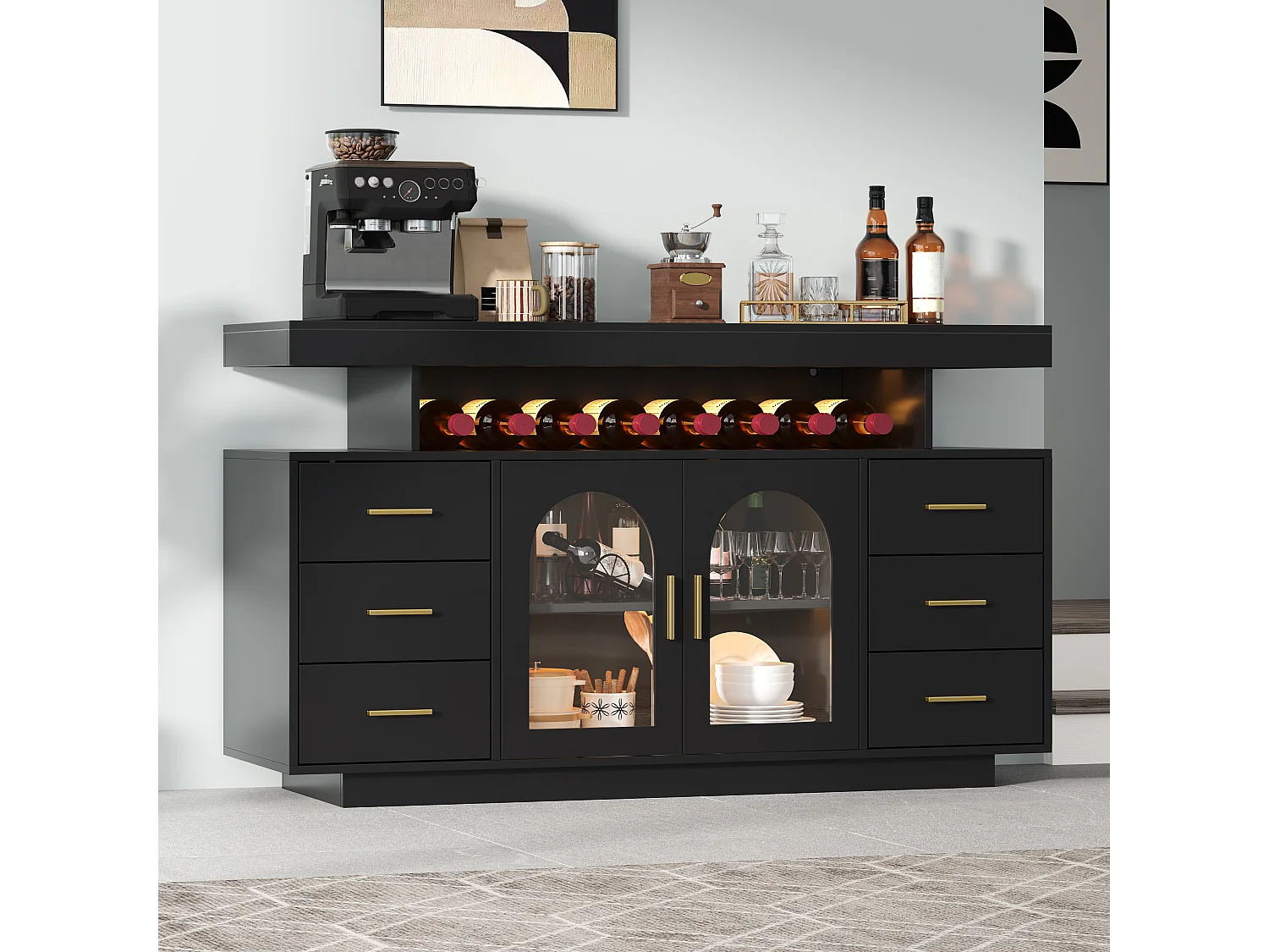 Buffet avec 6 tiroirs, 2 portes vitrées cintrées et LED - MDF - 140 x 40 x 82 cm - Noir avec poignées dorées