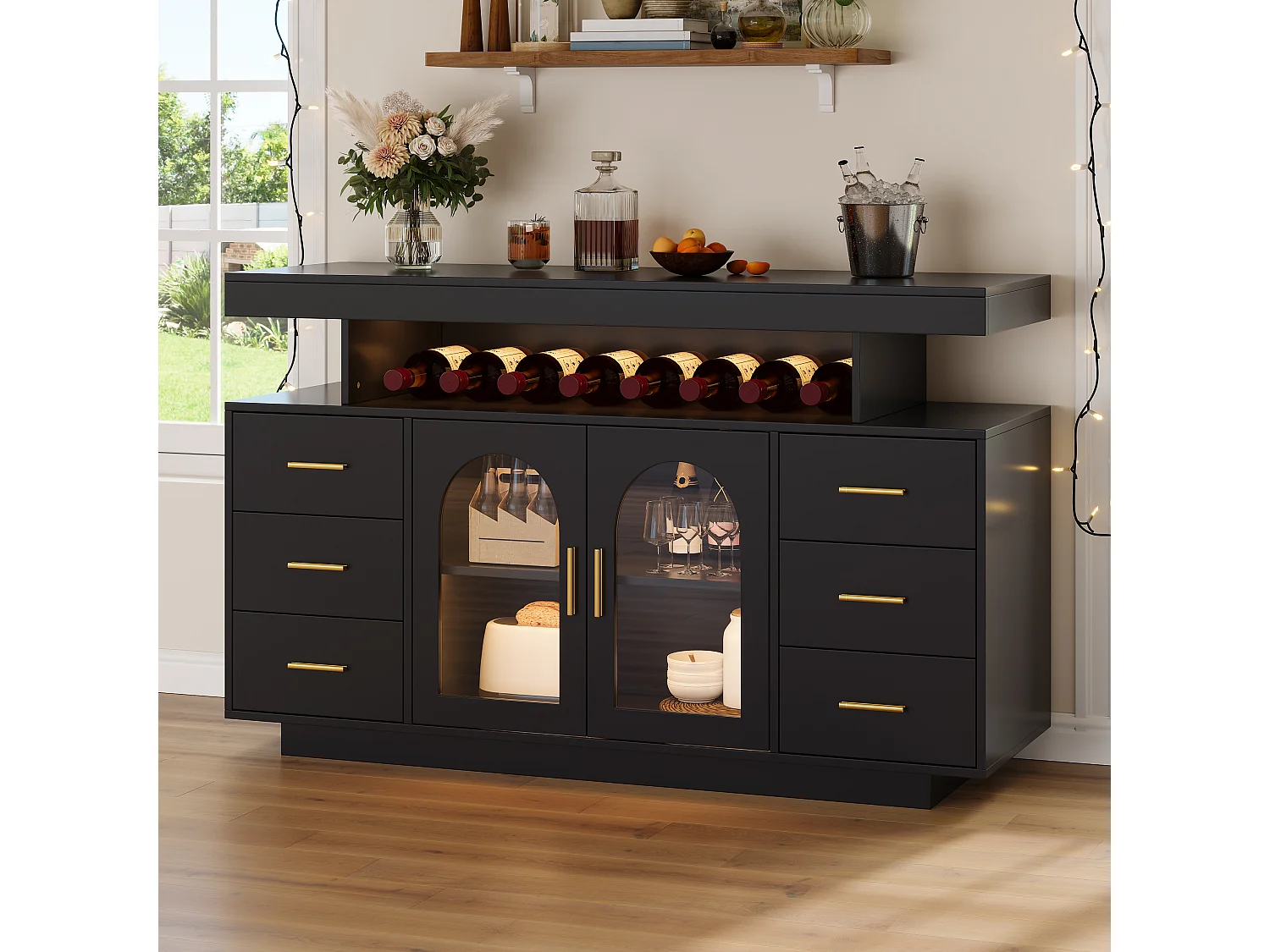 Buffet avec 6 tiroirs, 2 portes vitrées cintrées et LED - MDF - 140 x 40 x 82 cm - Noir avec poignées dorées