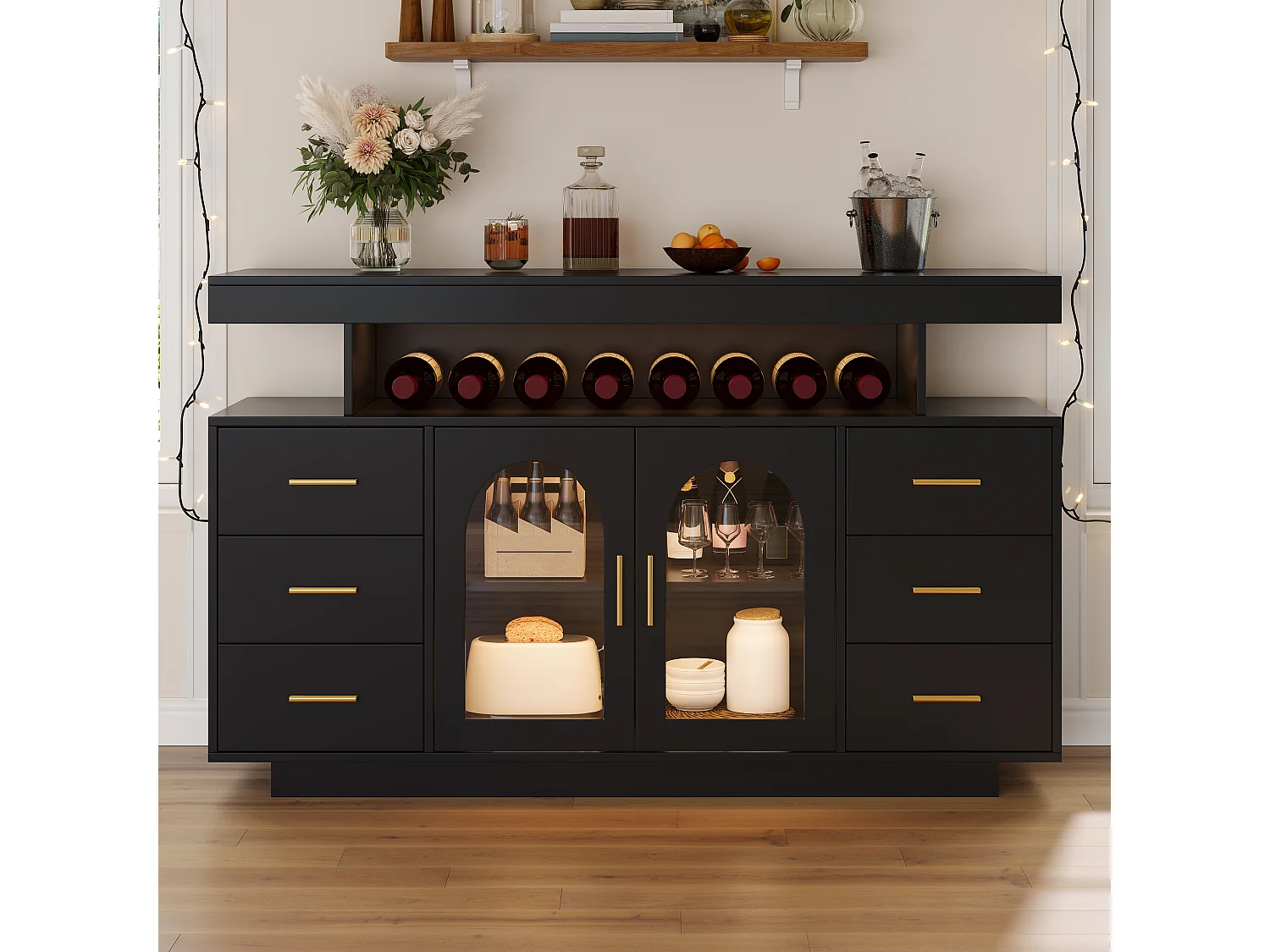 Buffet avec 6 tiroirs, 2 portes vitrées cintrées et LED - MDF - 140 x 40 x 82 cm - Noir avec poignées dorées