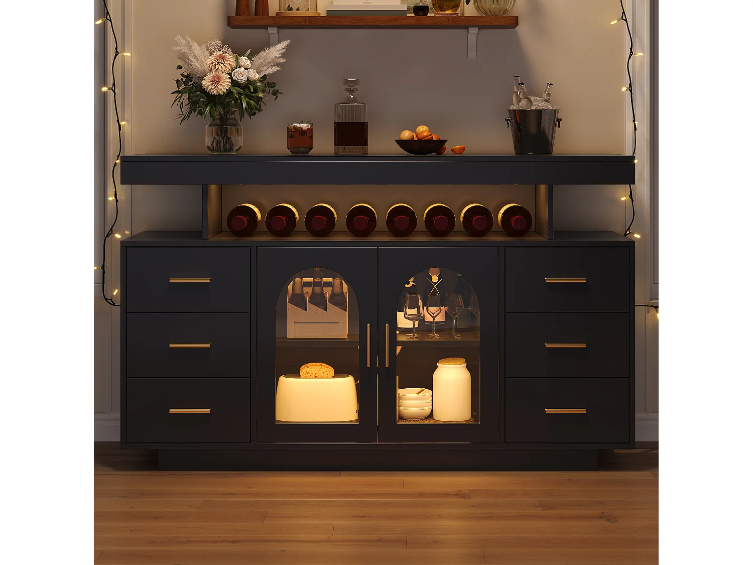 Buffet avec 6 tiroirs, 2 portes vitrées cintrées et LED - MDF - 140 x 40 x 82 cm - Noir avec poignées dorées