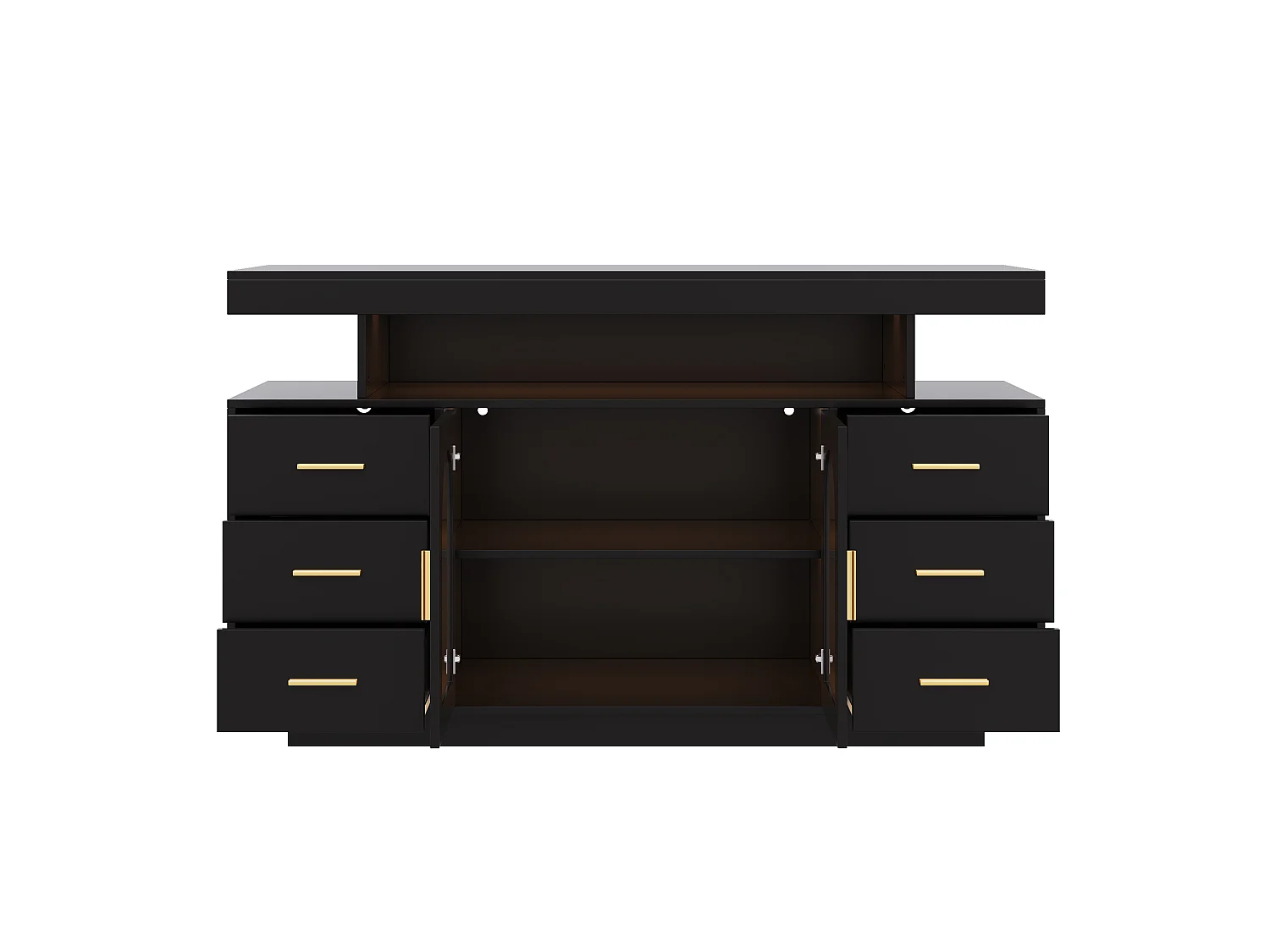 Buffet avec 6 tiroirs, 2 portes vitrées cintrées et LED - MDF - 140 x 40 x 82 cm - Noir avec poignées dorées