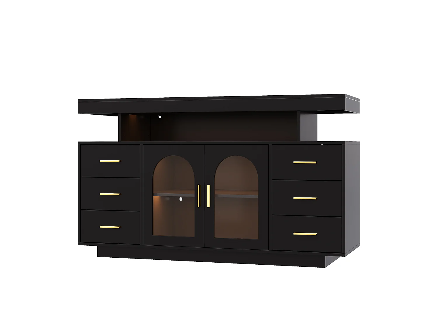 Buffet avec 6 tiroirs, 2 portes vitrées cintrées et LED - MDF - 140 x 40 x 82 cm - Noir avec poignées dorées