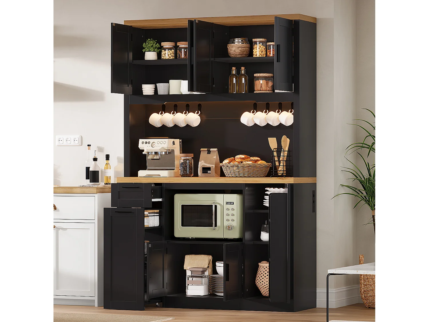 Buffet de cuisine avec 2 tiroirs, 6 portes, LED RVB, prises et USB - MDF et panneaux de particules - 120 x 40 x 182 cm - Noir