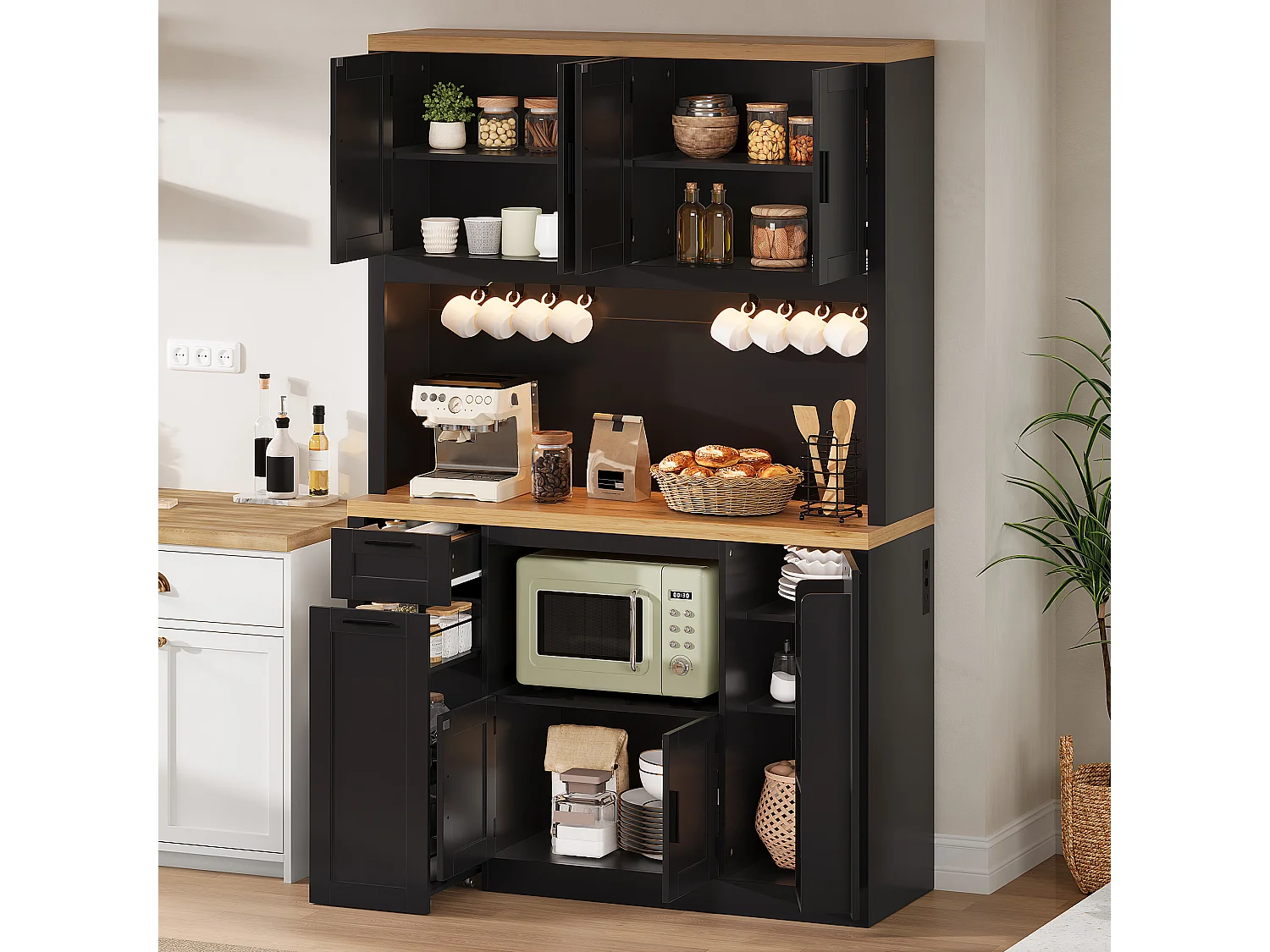 Buffet de cuisine avec 2 tiroirs, 6 portes, LED RVB, prises et USB - MDF et panneaux de particules - 120 x 40 x 182 cm - Noir