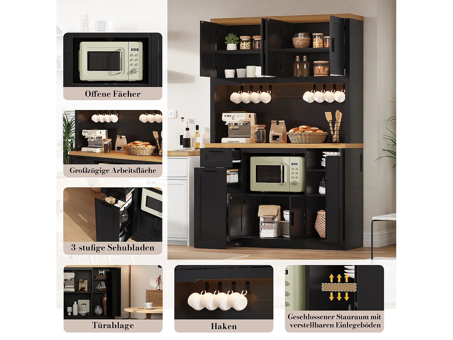 Buffet de cuisine avec 2 tiroirs, 6 portes, LED RVB, prises et USB - MDF et panneaux de particules - 120 x 40 x 182 cm - Noir