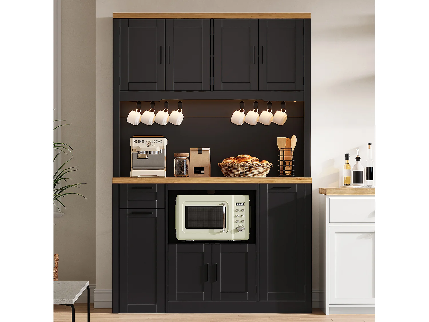 Buffet de cuisine avec 2 tiroirs, 6 portes, LED RVB, prises et USB - MDF et panneaux de particules - 120 x 40 x 182 cm - Noir