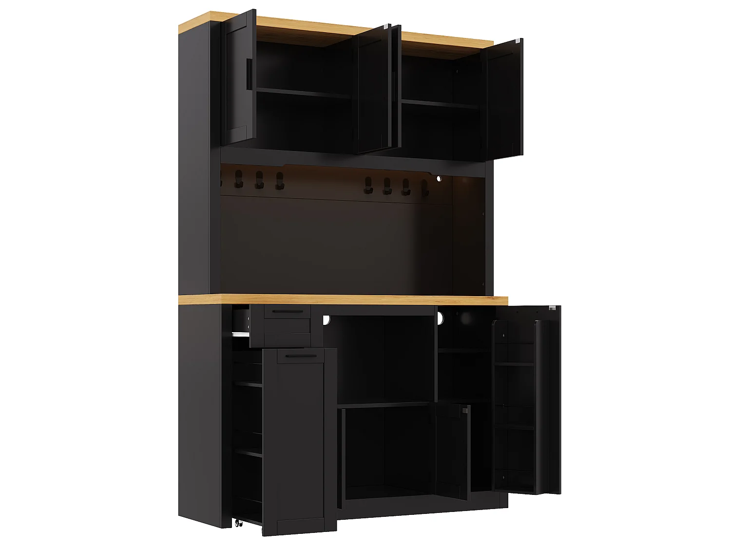Buffet de cuisine avec 2 tiroirs, 6 portes, LED RVB, prises et USB - MDF et panneaux de particules - 120 x 40 x 182 cm - Noir