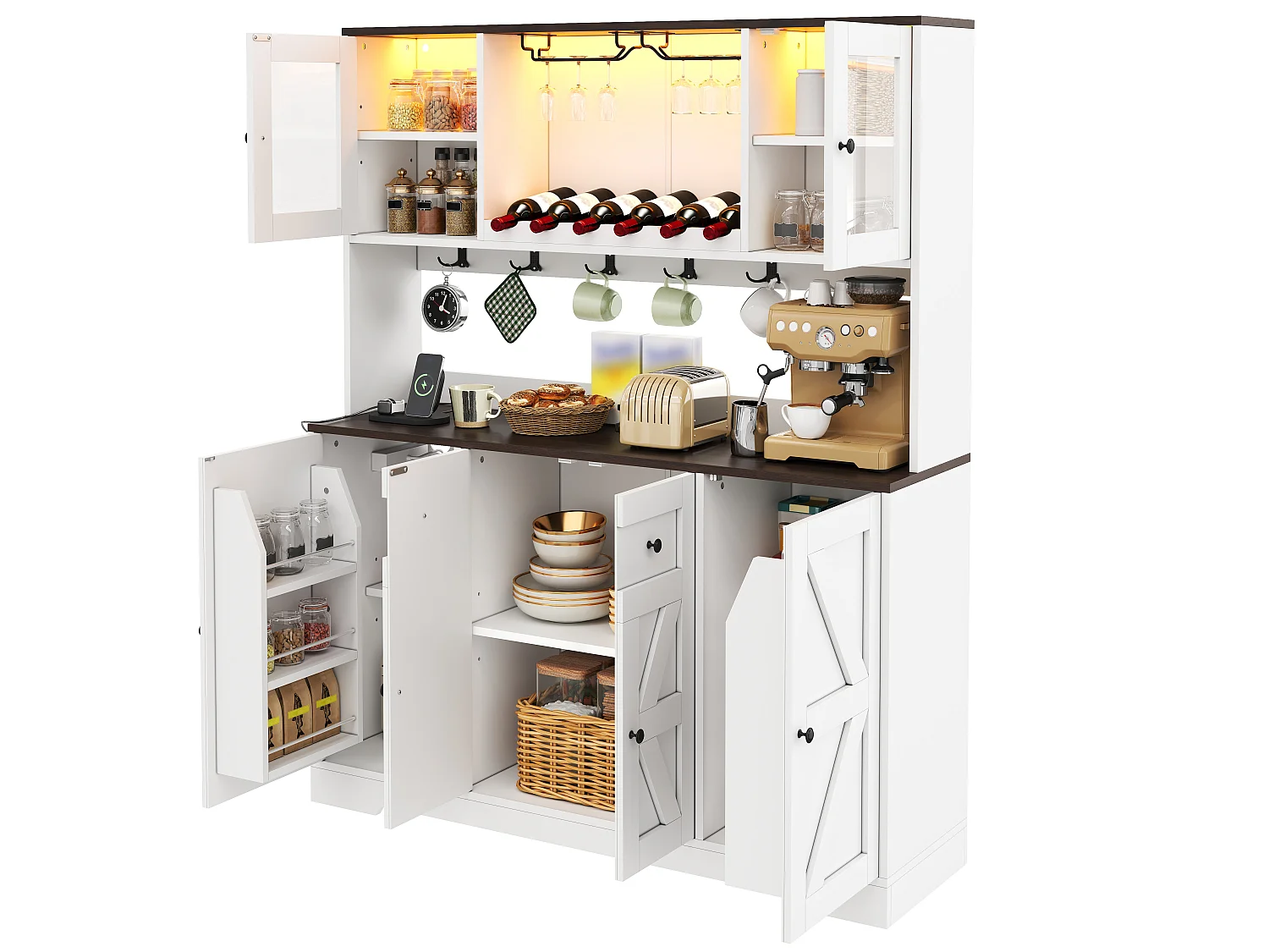 Keukendressoir met 6 deuren, wijnrekken, glashouders, stopcontacten en USB-poorten, LED-verlichting - MDF en spaanplaat - 140x40x173 cm - Wit