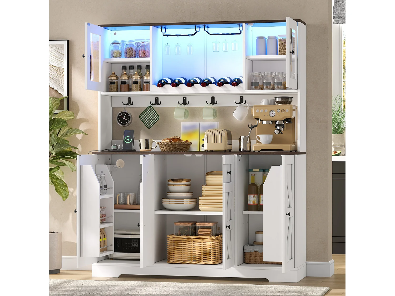 Keukendressoir met 6 deuren, wijnrekken, glashouders, stopcontacten en USB-poorten, LED-verlichting - MDF en spaanplaat - 140x40x173 cm - Wit