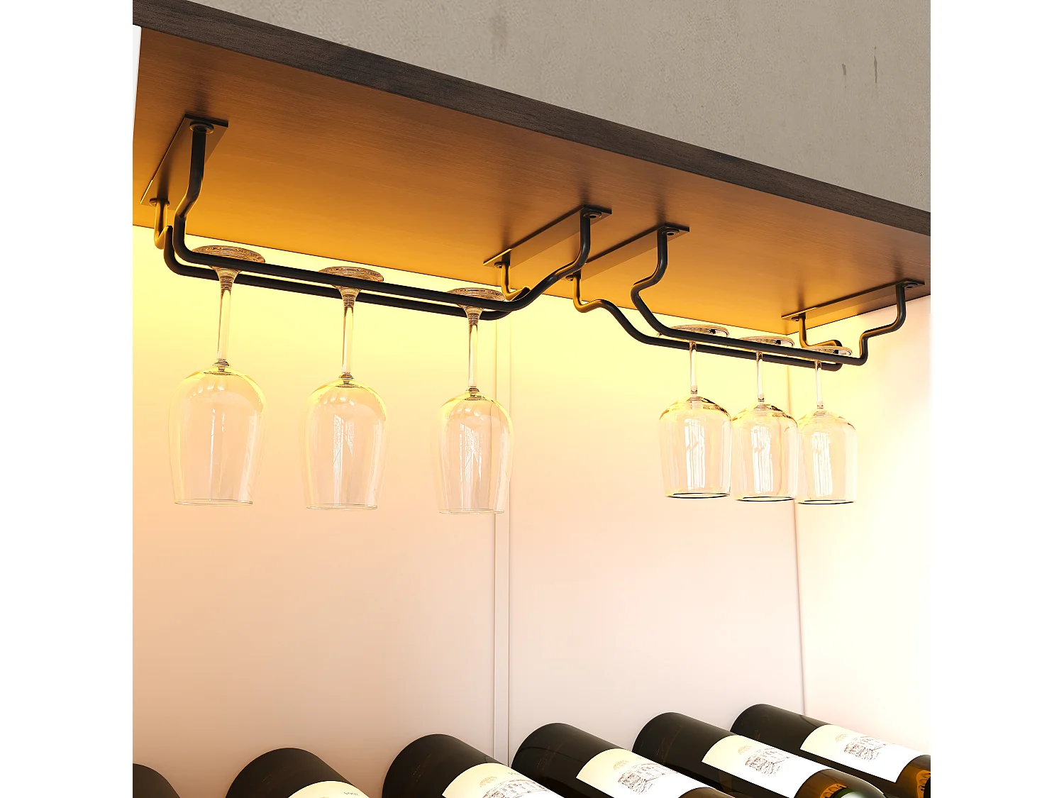 Keukendressoir met 6 deuren, wijnrekken, glashouders, stopcontacten en USB-poorten, LED-verlichting - MDF en spaanplaat - 140x40x173 cm - Wit