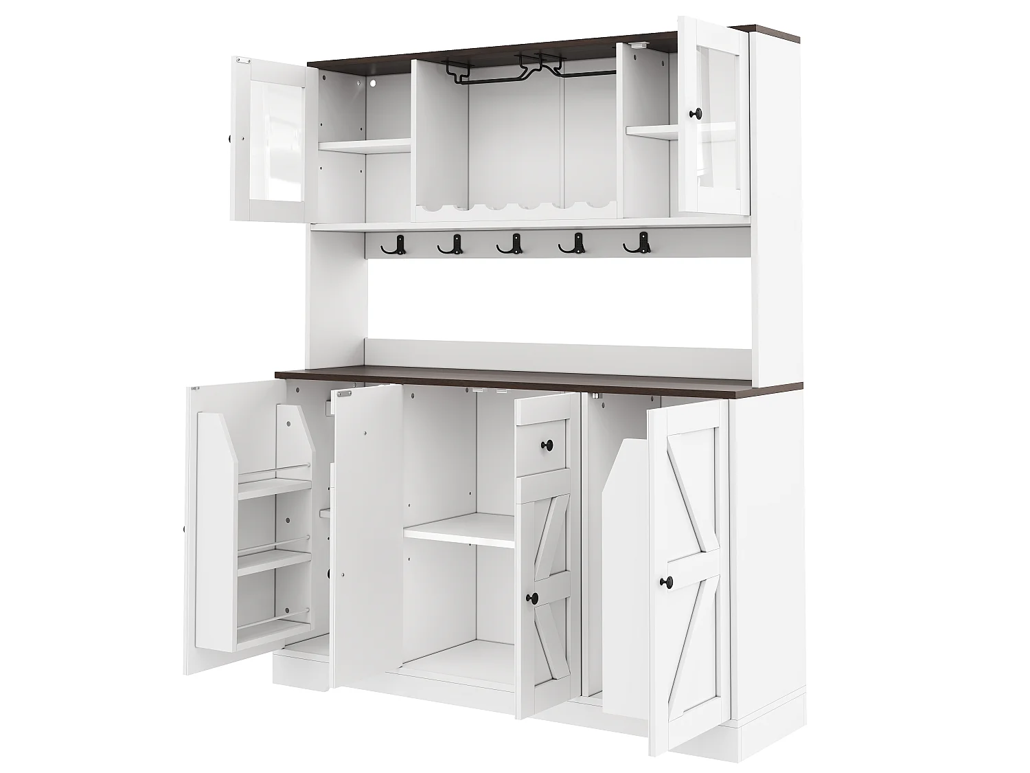 Keukendressoir met 6 deuren, wijnrekken, glashouders, stopcontacten en USB-poorten, LED-verlichting - MDF en spaanplaat - 140x40x173 cm - Wit