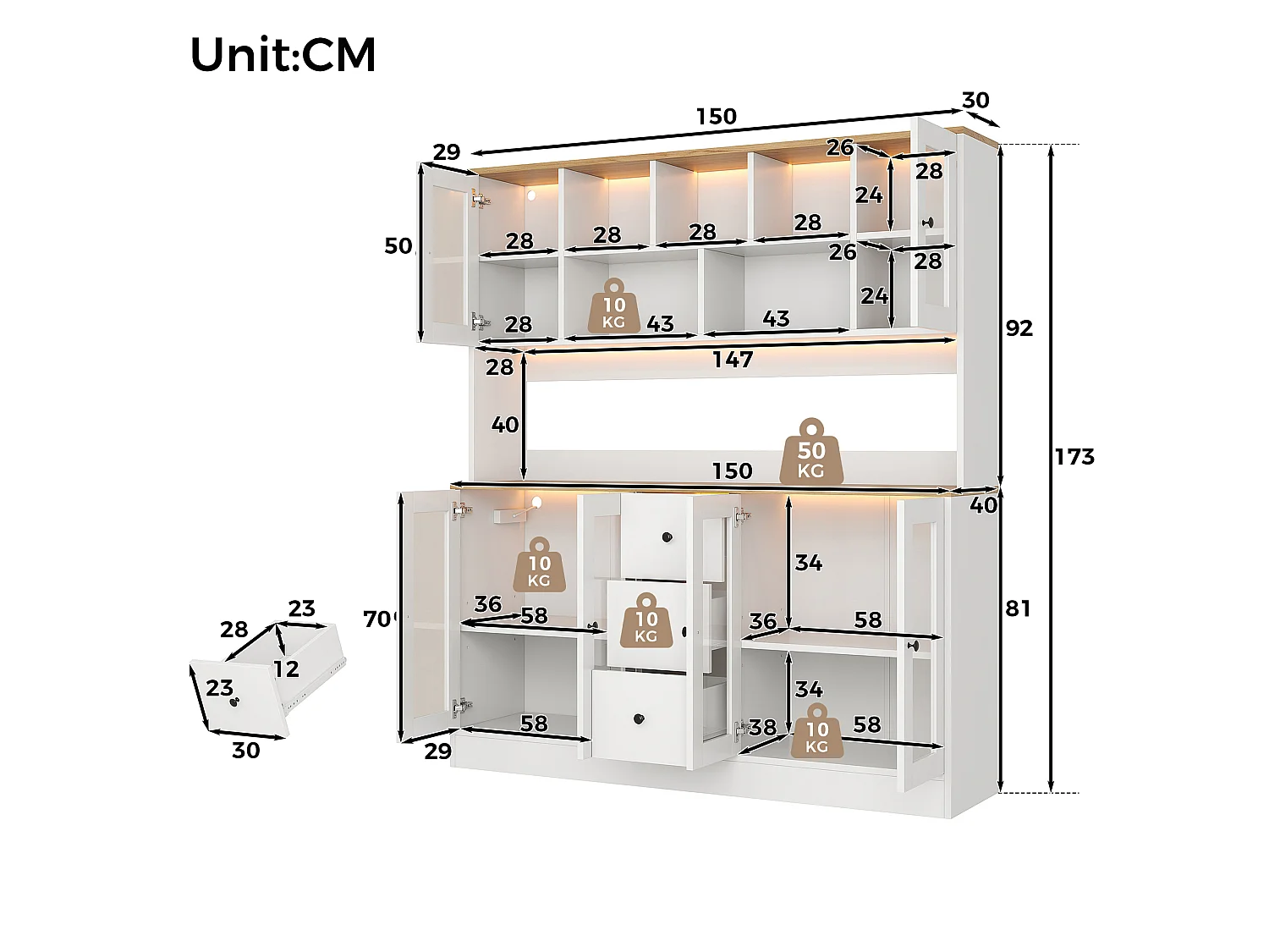 Køkkenskænk med 3 skuffer, 6 låger, RGB LED-belysning, stikkontakter og USB-porte - MDF og spånplade - 150 x 40 x 173 cm - Hvid