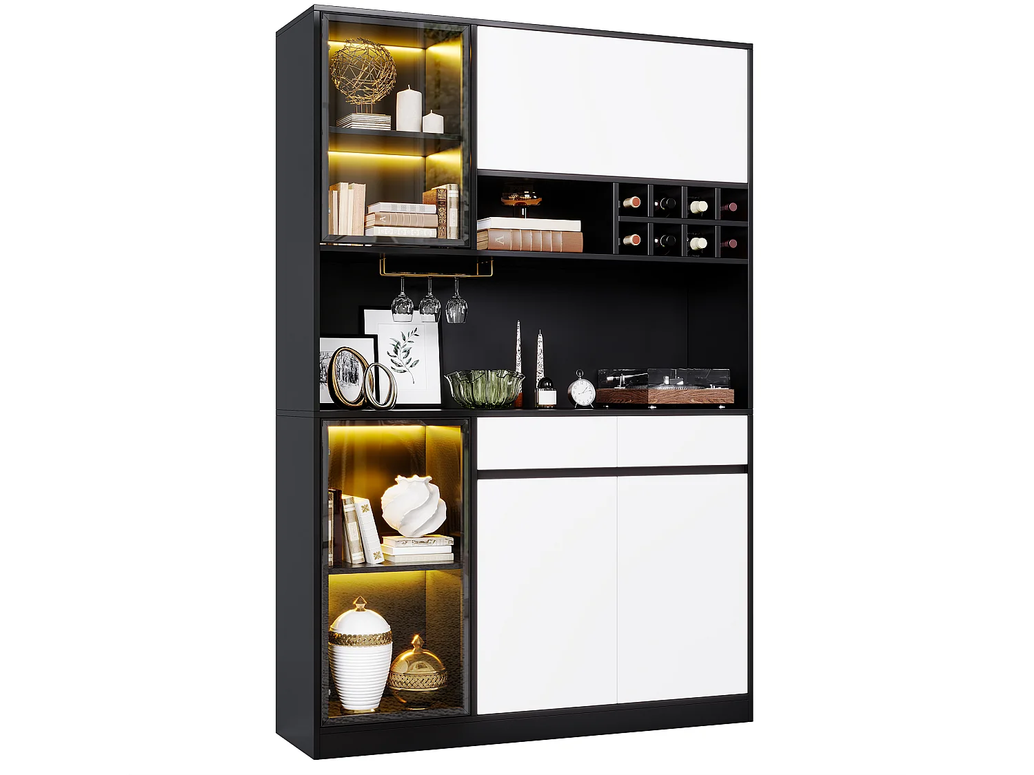 Buffet haut avec 5 portes, LED, casier à bouteilles et 2 tiroirs - MDF - 120 x 35 x 180 cm - Noir et blanc