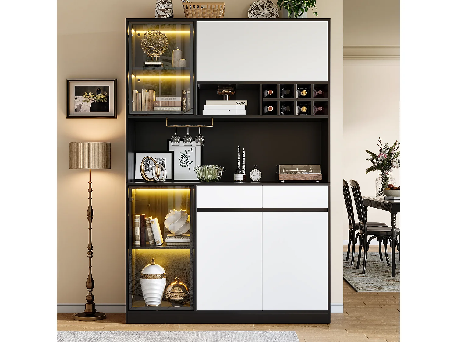 Buffet haut avec 5 portes, LED, casier à bouteilles et 2 tiroirs - MDF - 120 x 35 x 180 cm - Noir et blanc