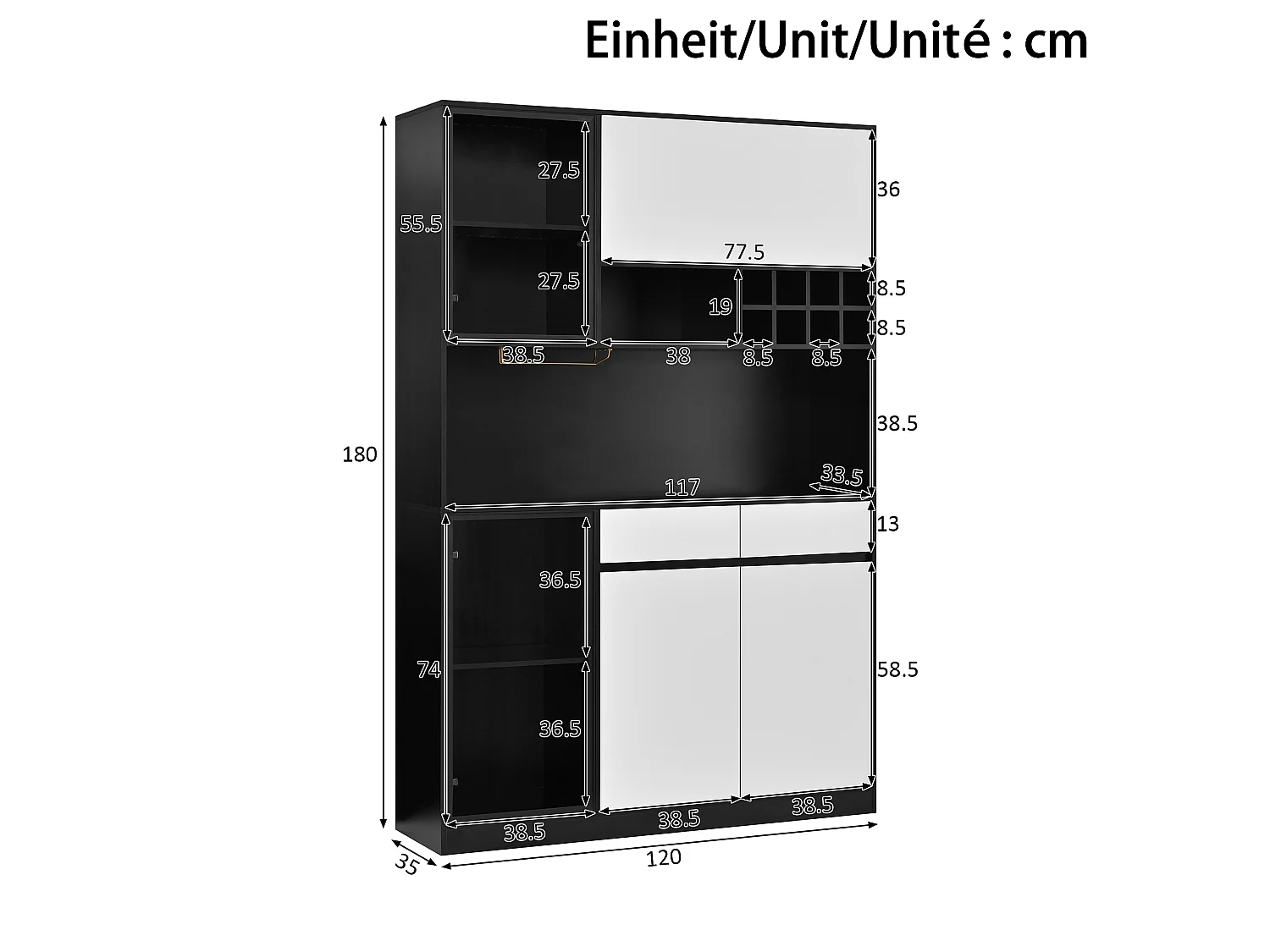Buffet haut avec 5 portes, LED, casier à bouteilles et 2 tiroirs - MDF - 120 x 35 x 180 cm - Noir et blanc