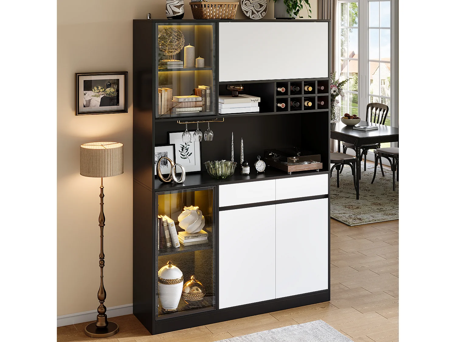 Buffet haut avec 5 portes, LED, casier à bouteilles et 2 tiroirs - MDF - 120 x 35 x 180 cm - Noir et blanc