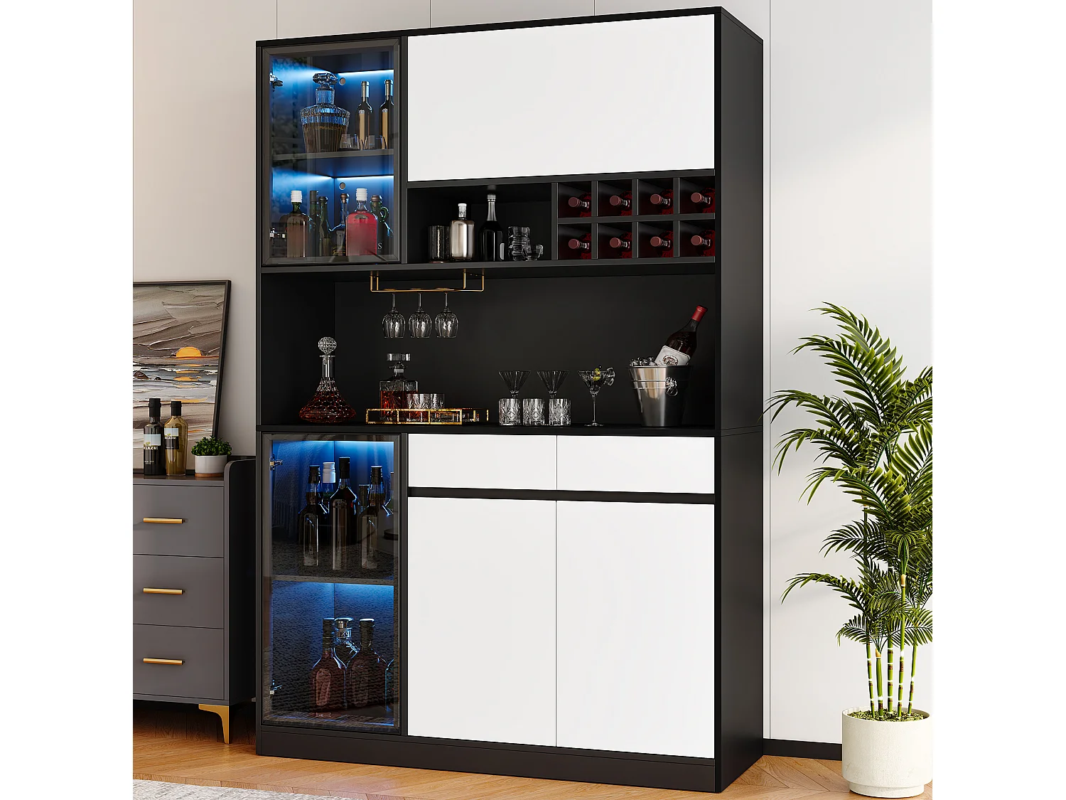 Buffet haut avec 5 portes, LED, casier à bouteilles et 2 tiroirs - MDF - 120 x 35 x 180 cm - Noir et blanc