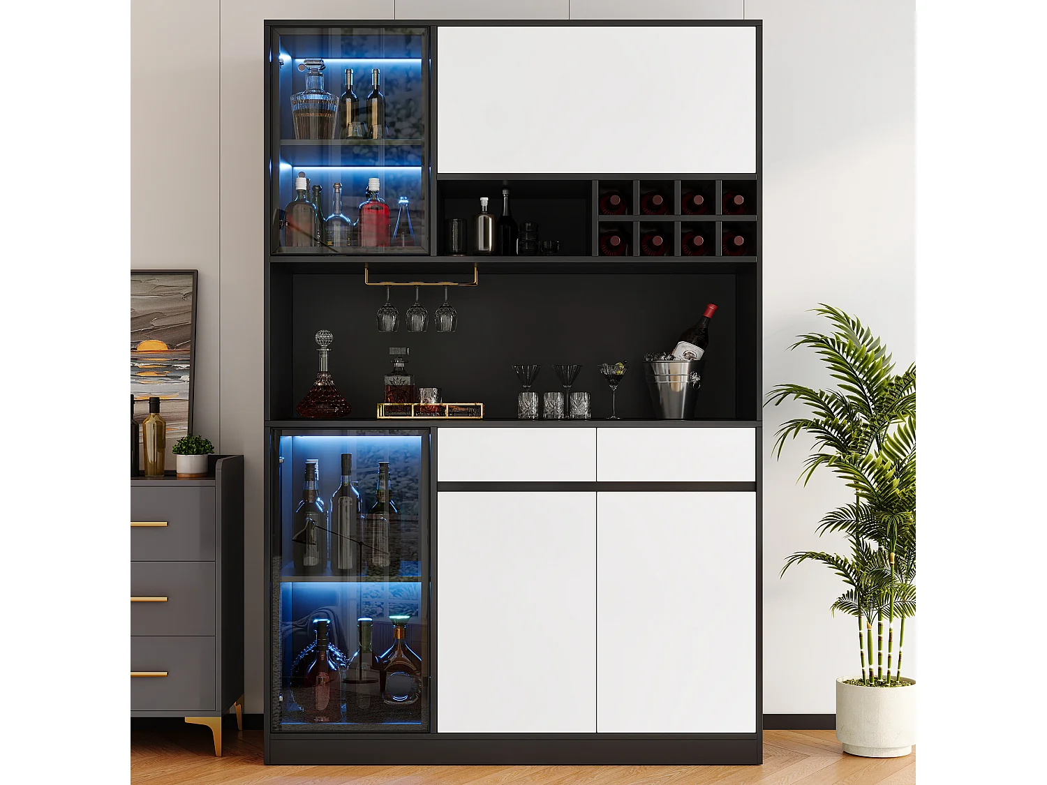 Buffet haut avec 5 portes, LED, casier à bouteilles et 2 tiroirs - MDF - 120 x 35 x 180 cm - Noir et blanc