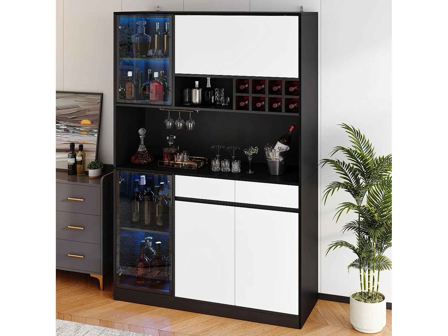 Buffet haut avec 5 portes, LED, casier à bouteilles et 2 tiroirs - MDF - 120 x 35 x 180 cm - Noir et blanc