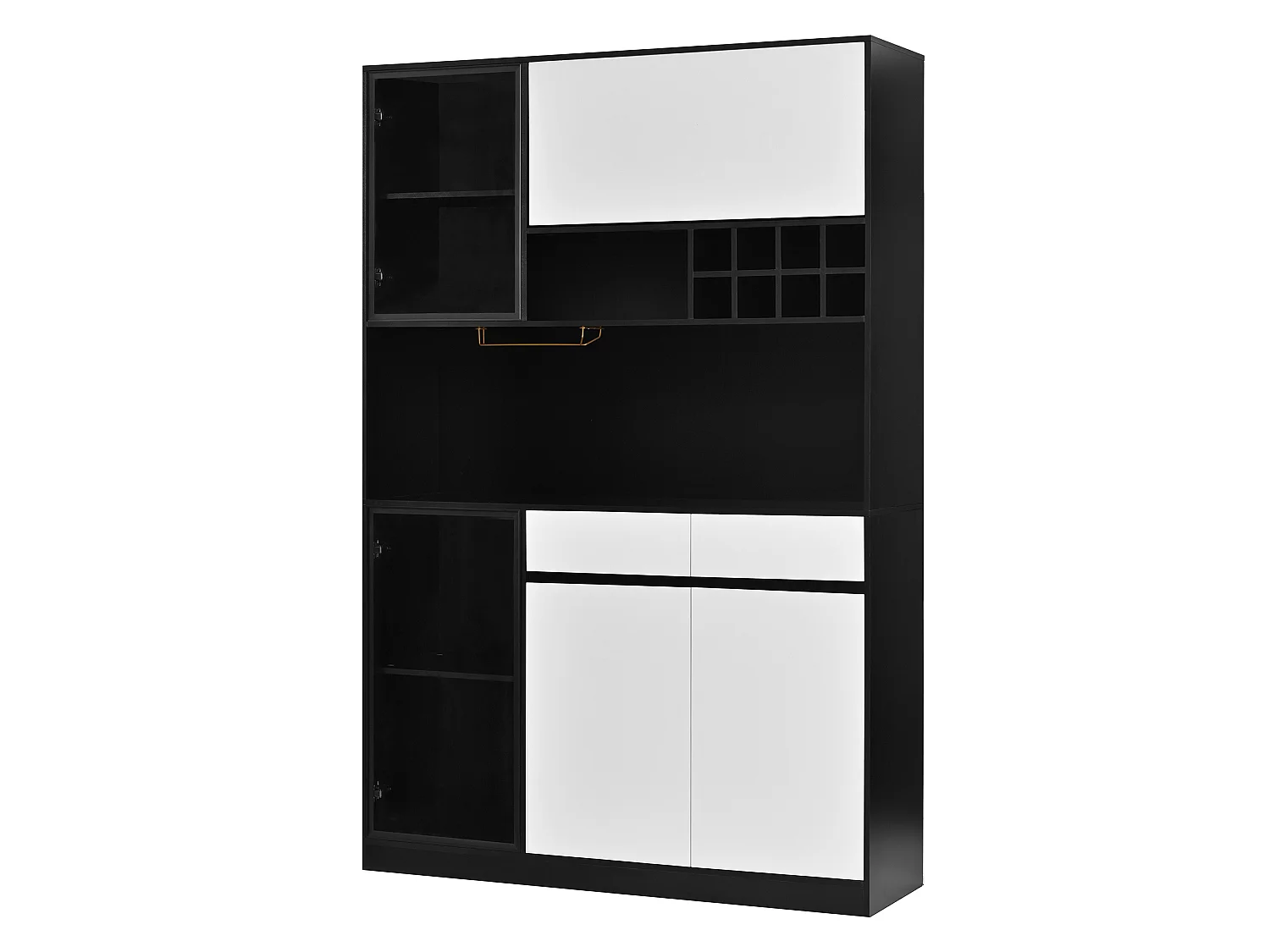 Buffet haut avec 5 portes, LED, casier à bouteilles et 2 tiroirs - MDF - 120 x 35 x 180 cm - Noir et blanc