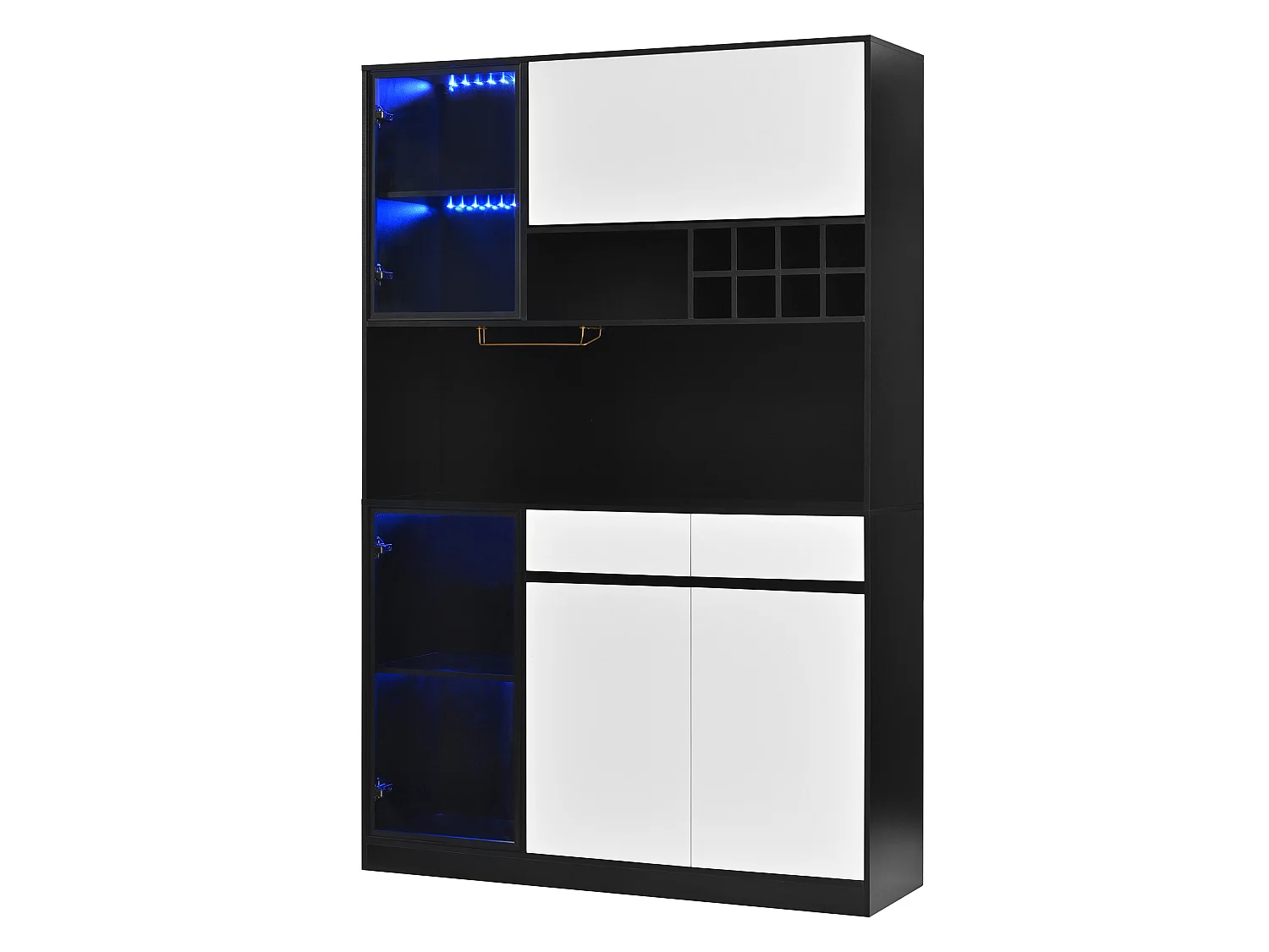 Buffet haut avec 5 portes, LED, casier à bouteilles et 2 tiroirs - MDF - 120 x 35 x 180 cm - Noir et blanc