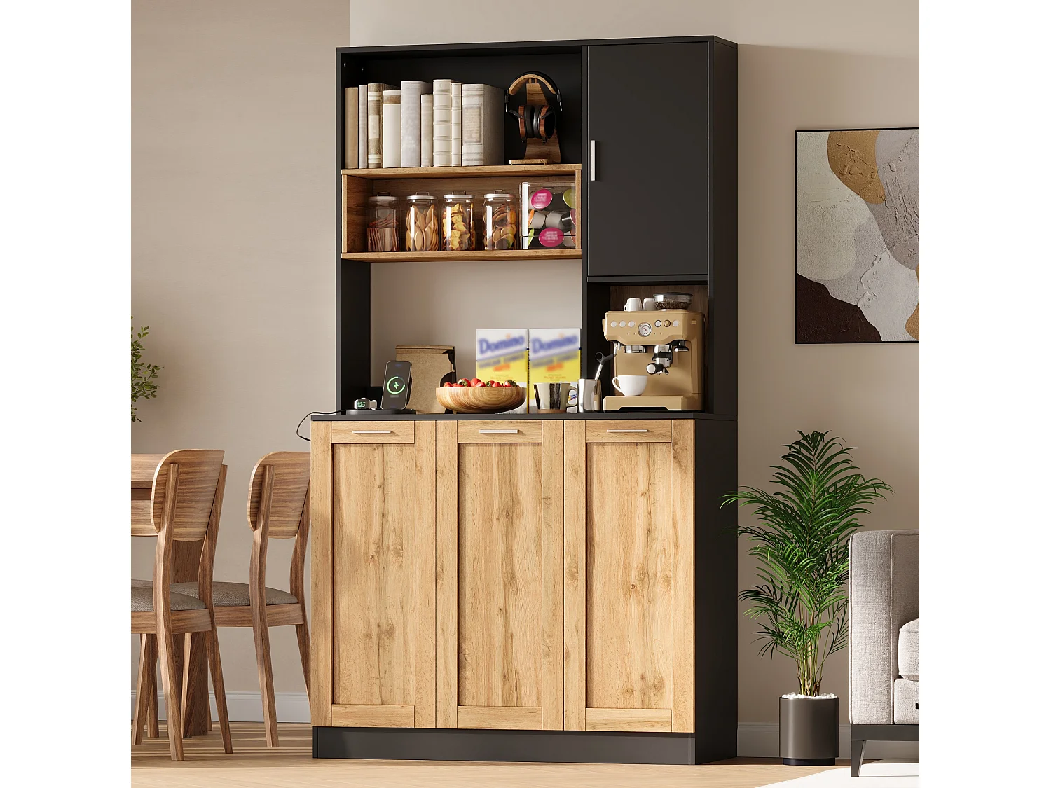 Aparador de cozinha com 4 portas, iluminação LED, tomadas e portas USB - MDF e aglomerado - 100 x 40 x 180 cm - Preto e efeito madeira