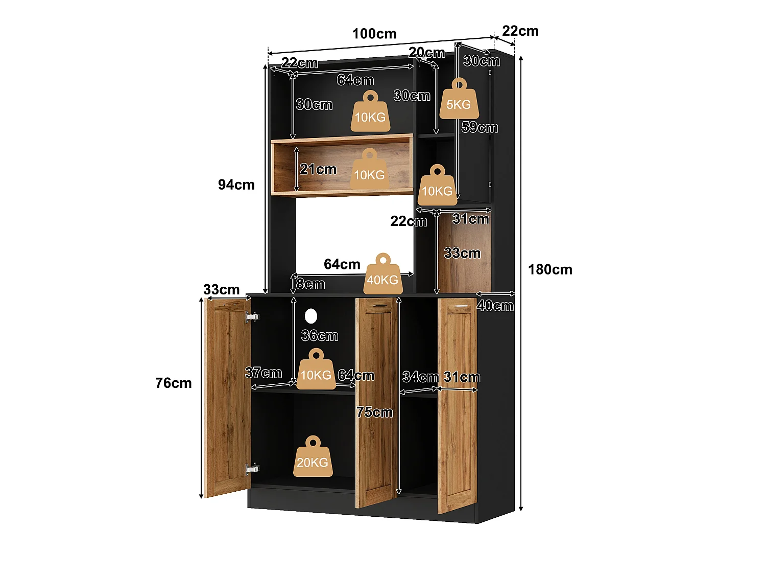 Aparador de cozinha com 4 portas, iluminação LED, tomadas e portas USB - MDF e aglomerado - 100 x 40 x 180 cm - Preto e efeito madeira