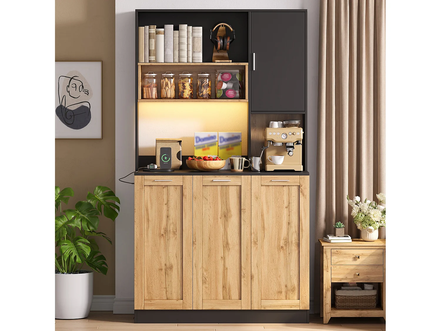 Aparador de cozinha com 4 portas, iluminação LED, tomadas e portas USB - MDF e aglomerado - 100 x 40 x 180 cm - Preto e efeito madeira