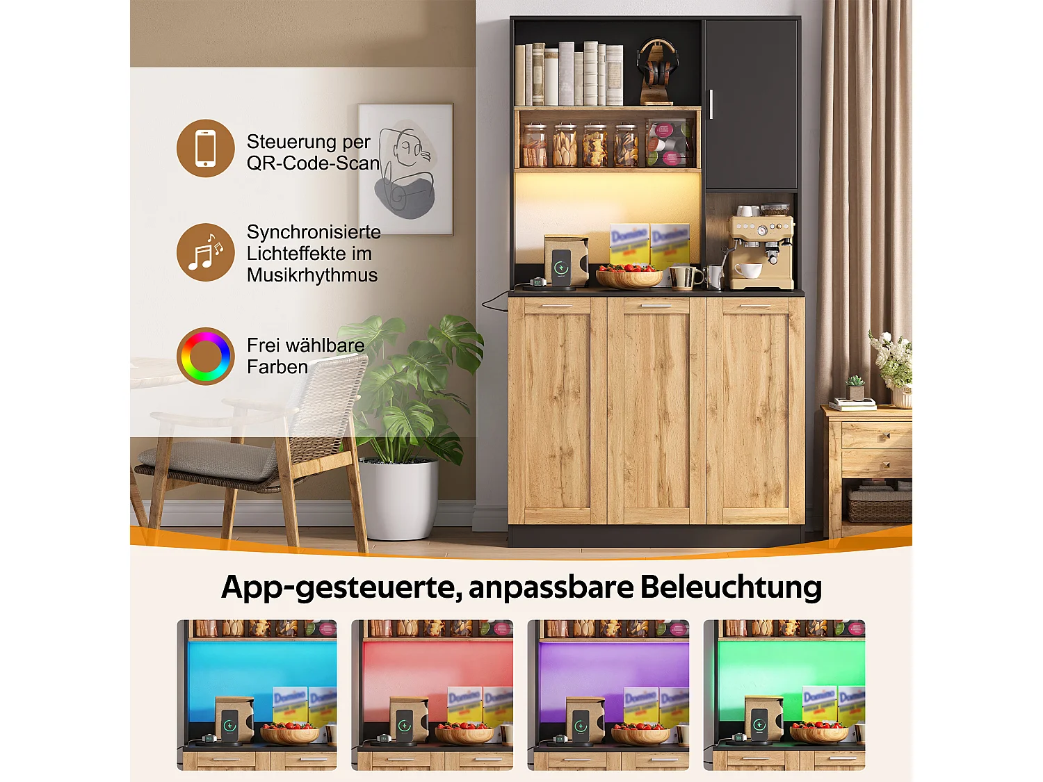 Aparador de cozinha com 4 portas, iluminação LED, tomadas e portas USB - MDF e aglomerado - 100 x 40 x 180 cm - Preto e efeito madeira