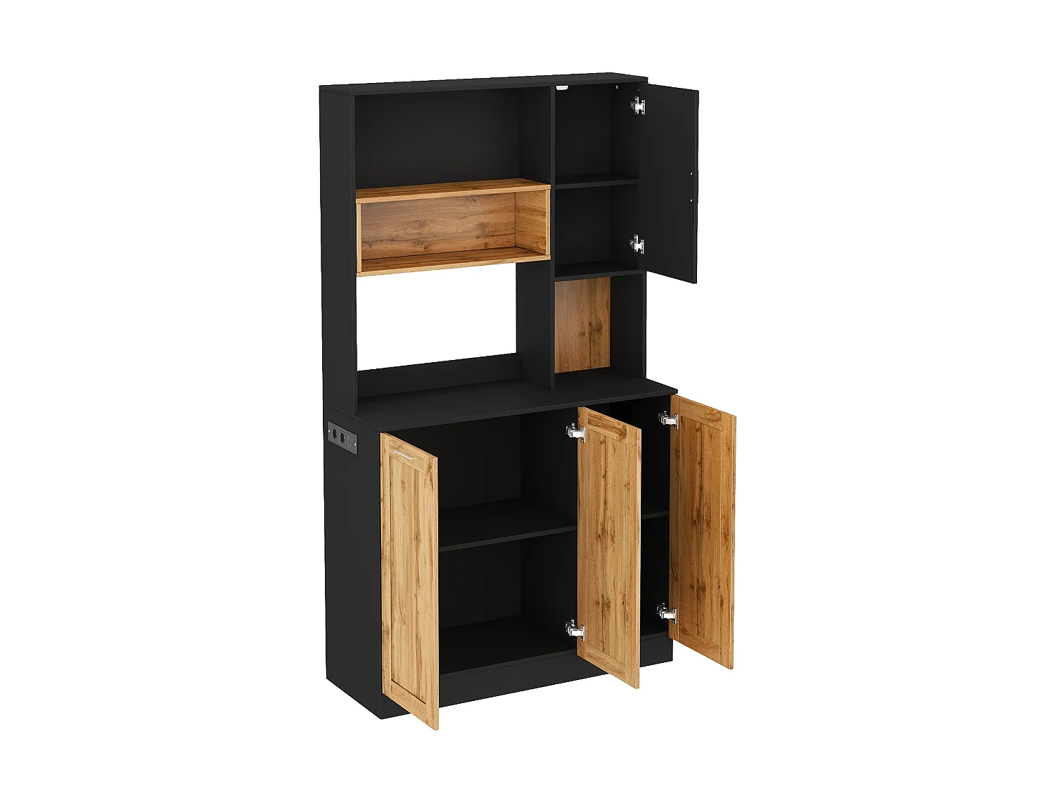 Aparador de cozinha com 4 portas, iluminação LED, tomadas e portas USB - MDF e aglomerado - 100 x 40 x 180 cm - Preto e efeito madeira