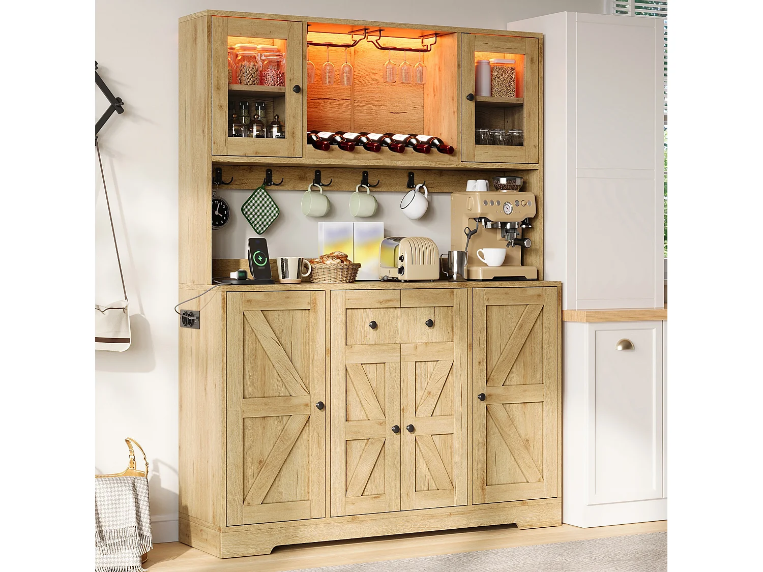 Kitchen sideboard with 6 doors, wine racks, glass holders, power outlets and USB ports, LED lighting - MDF and particleboard - 140x40x173 cm - Natural