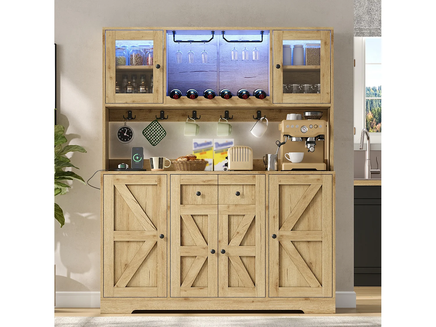 Kitchen sideboard with 6 doors, wine racks, glass holders, power outlets and USB ports, LED lighting - MDF and particleboard - 140x40x173 cm - Natural