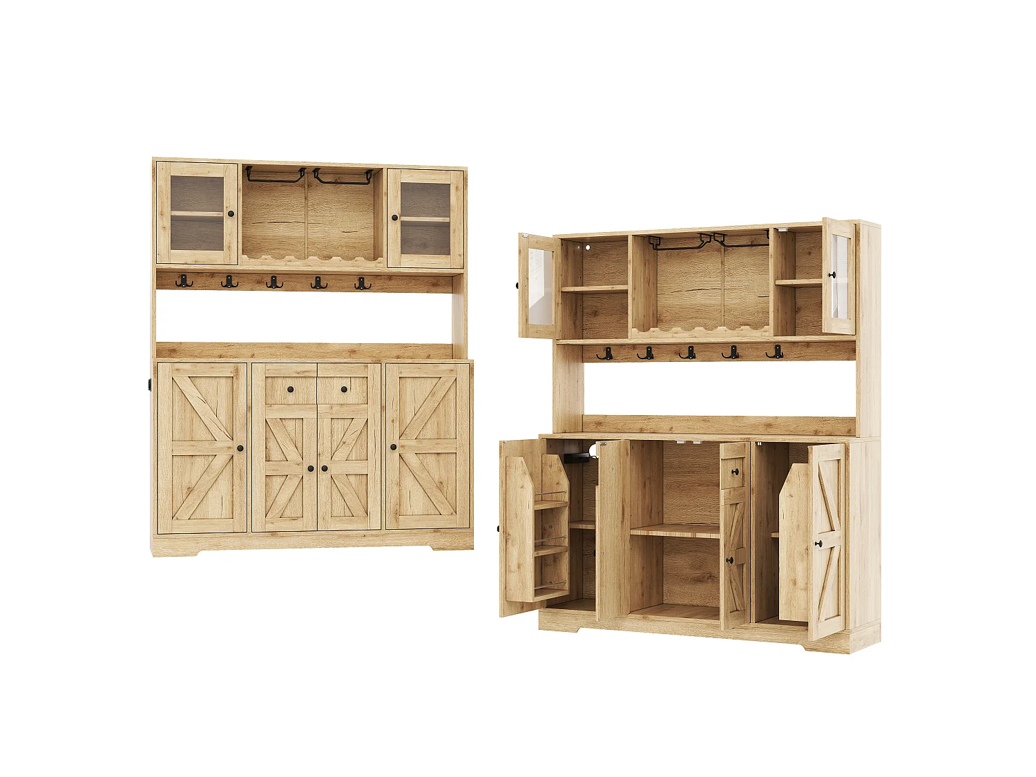 Kitchen sideboard with 6 doors, wine racks, glass holders, power outlets and USB ports, LED lighting - MDF and particleboard - 140x40x173 cm - Natural