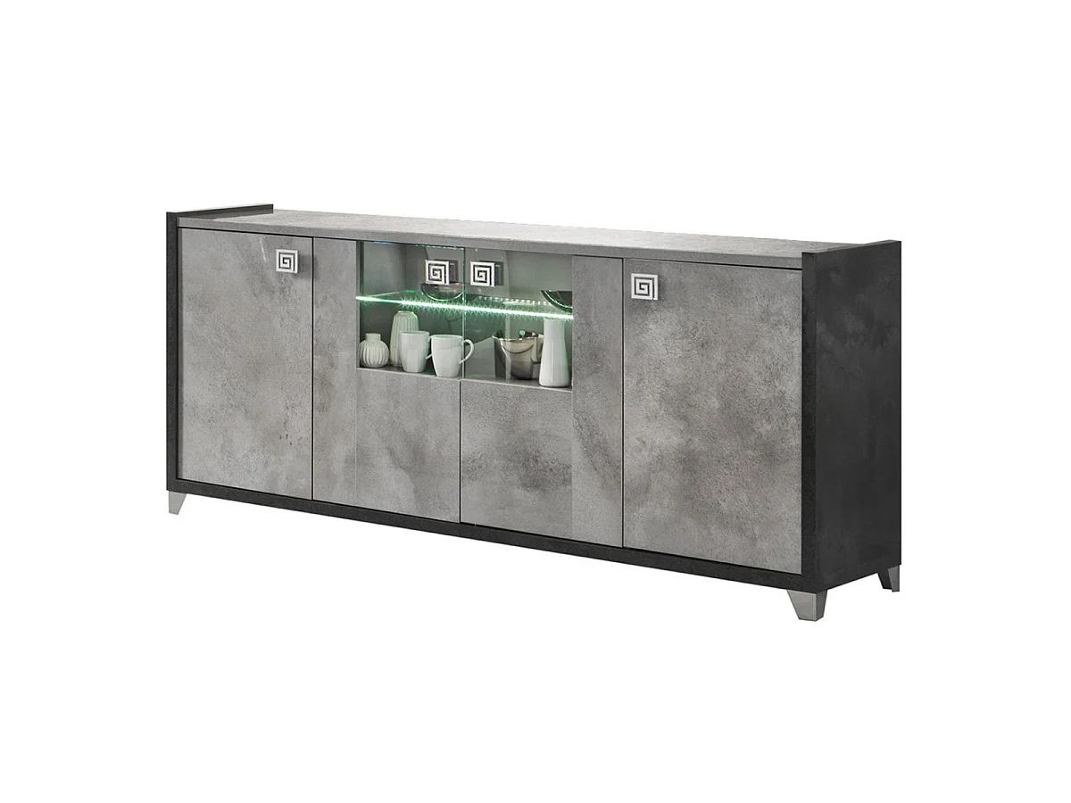 Buffet 4 Portes avec vitres aspect béton ciré 2 tons éclairage Led - HAMPTON