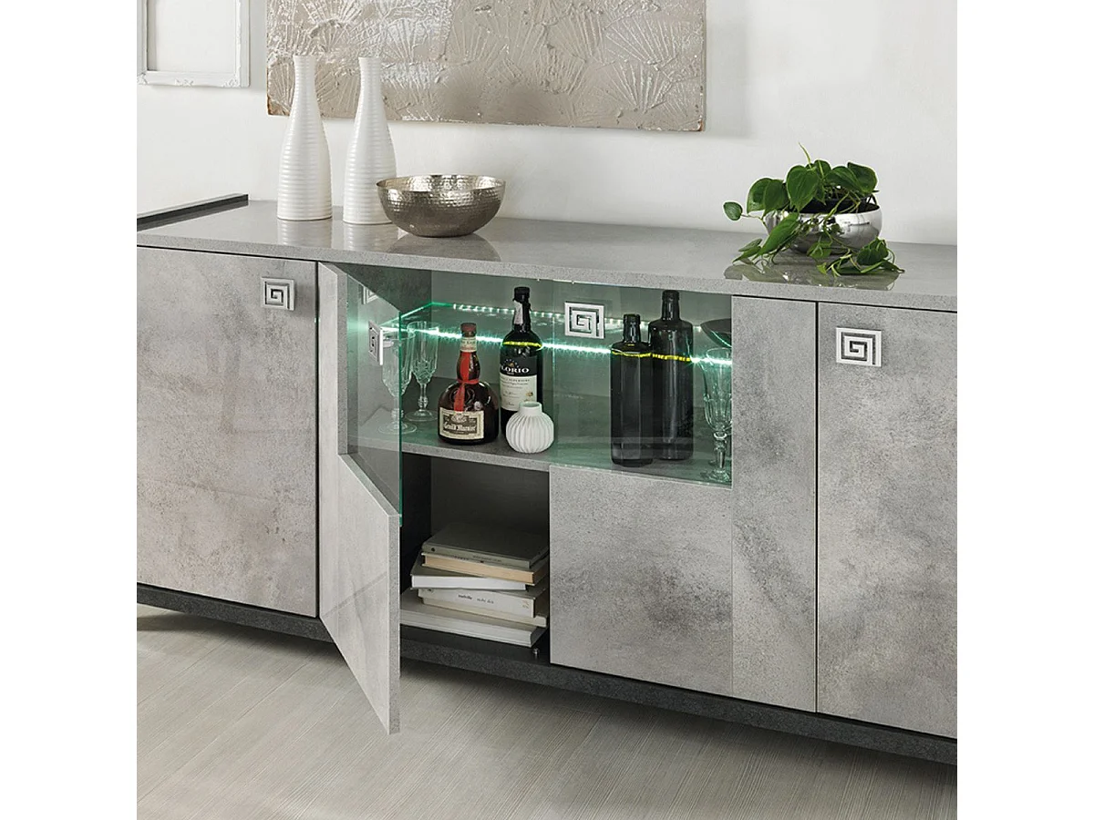 Buffet 4 Portes avec vitres aspect béton ciré 2 tons éclairage Led - HAMPTON