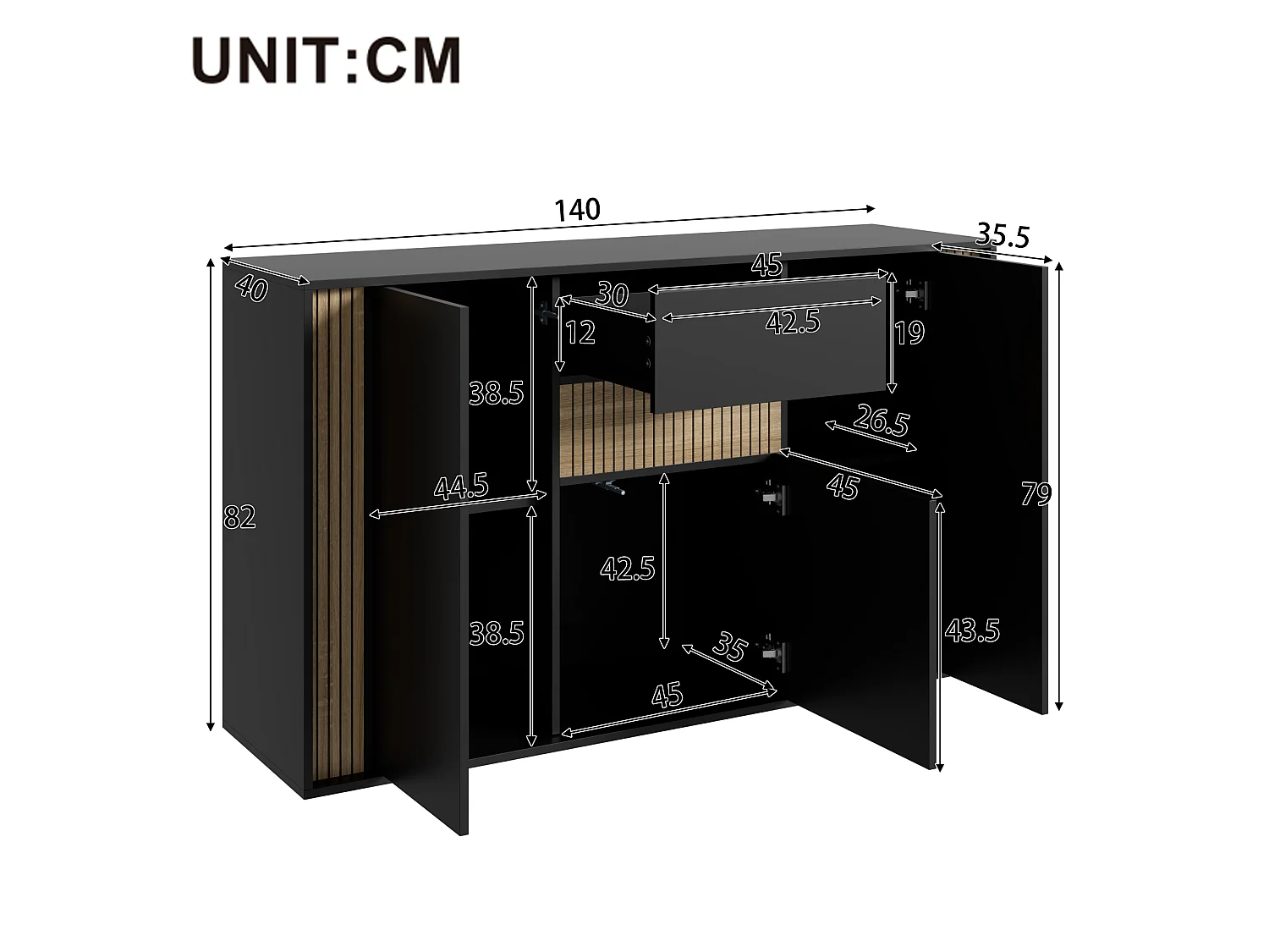 Aparador com 3 portas, 1 gaveta e iluminação LED ajustável - Aglomerado - 140 x 40 x 82 cm - Preto e madeira natural