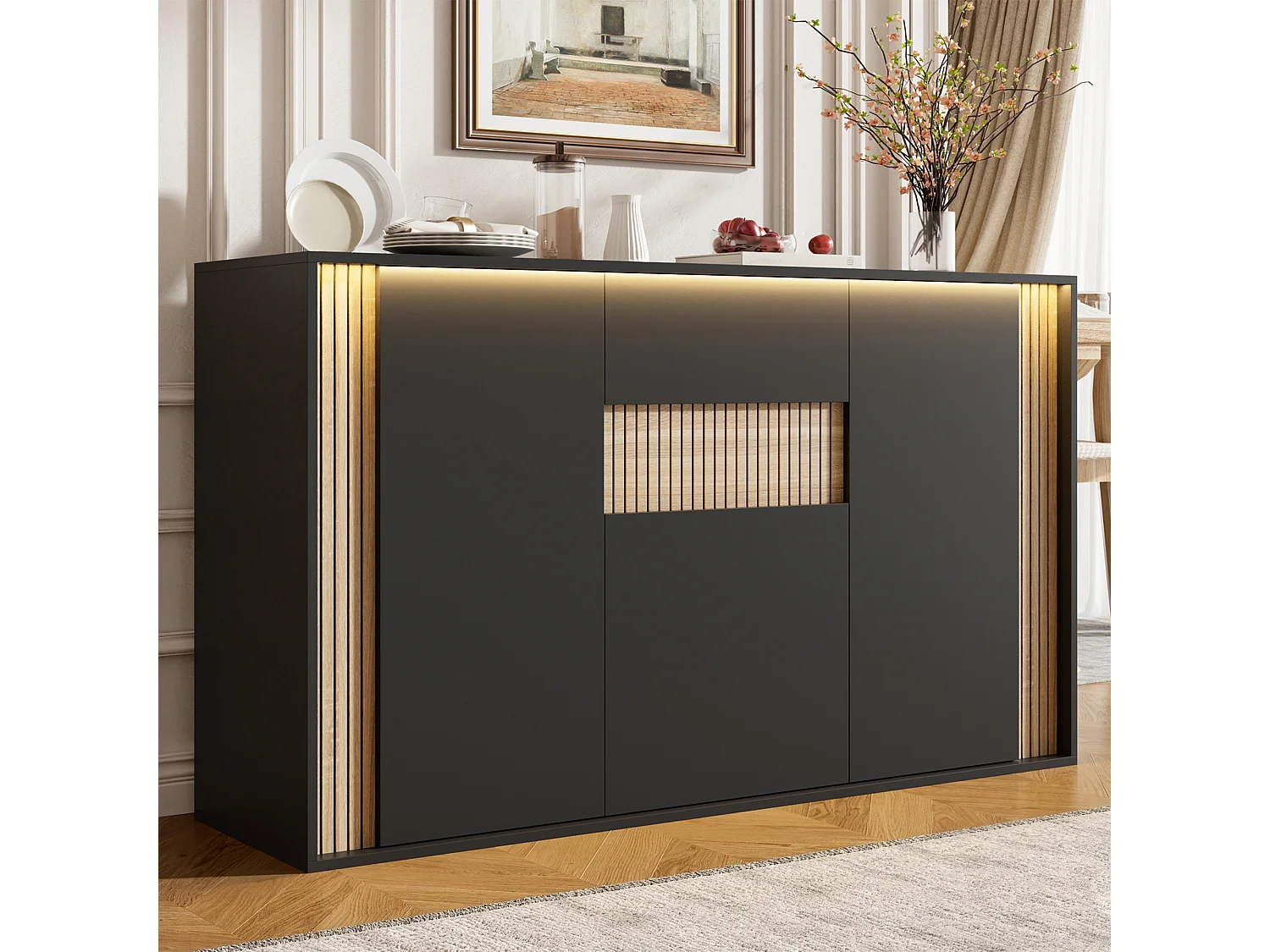 Aparador com 3 portas, 1 gaveta e iluminação LED ajustável - Aglomerado - 140 x 40 x 82 cm - Preto e madeira natural