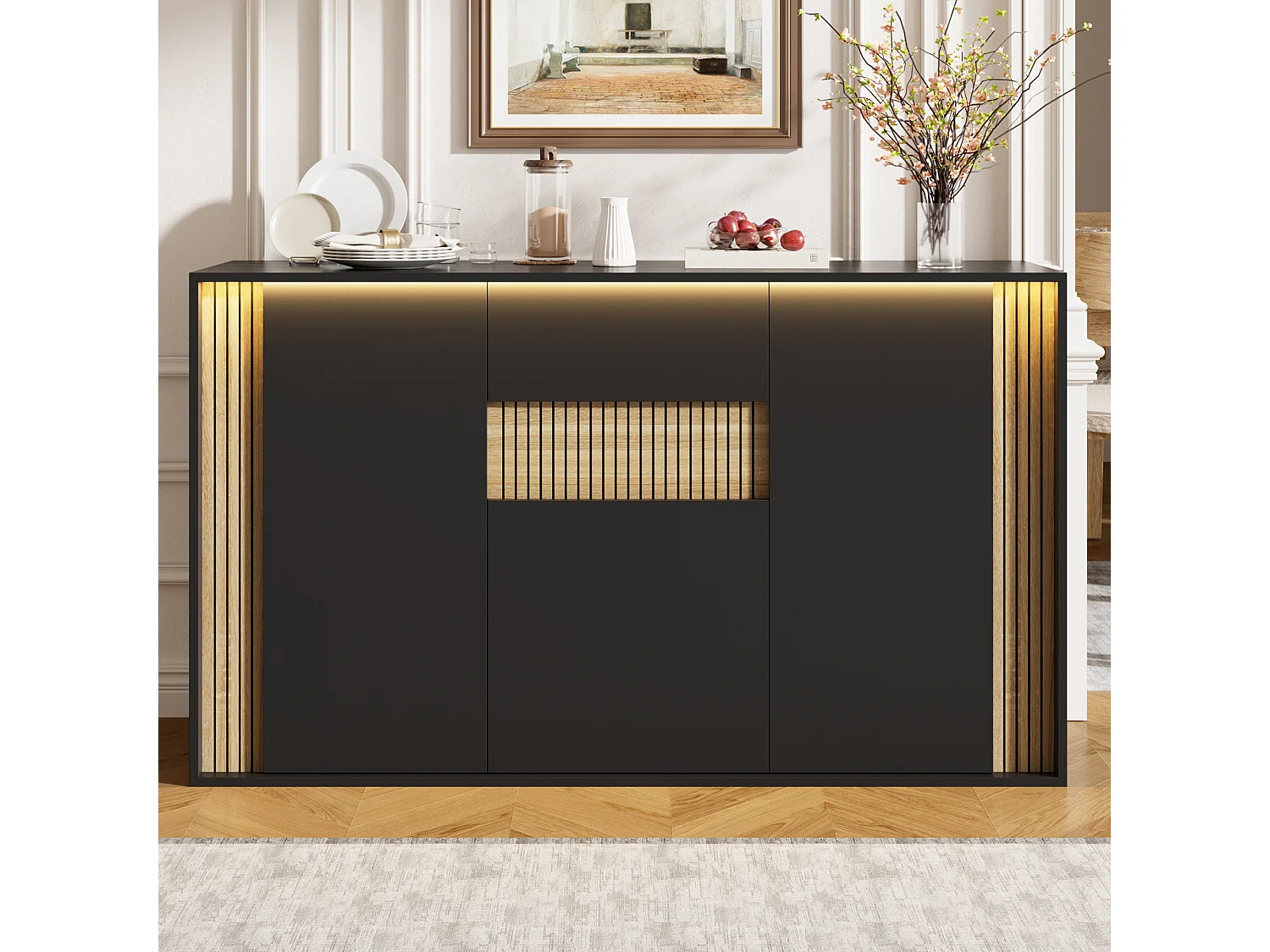 Aparador com 3 portas, 1 gaveta e iluminação LED ajustável - Aglomerado - 140 x 40 x 82 cm - Preto e madeira natural