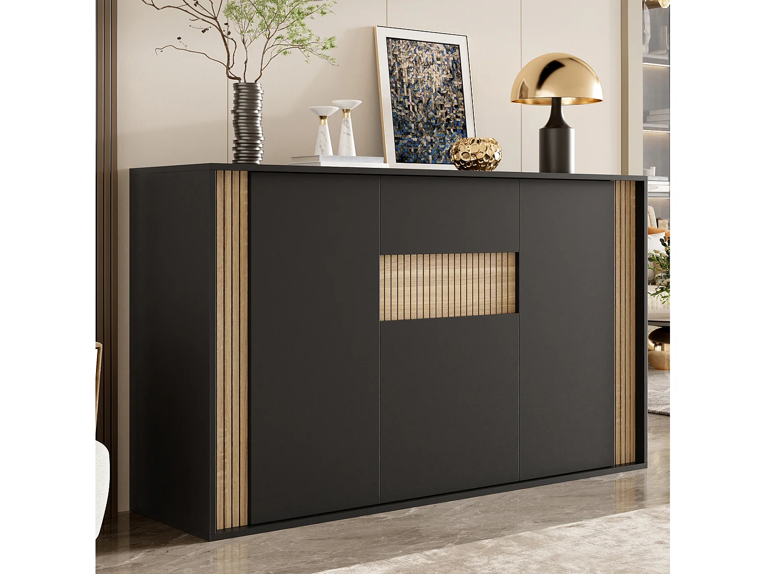 Aparador com 3 portas, 1 gaveta e iluminação LED ajustável - Aglomerado - 140 x 40 x 82 cm - Preto e madeira natural