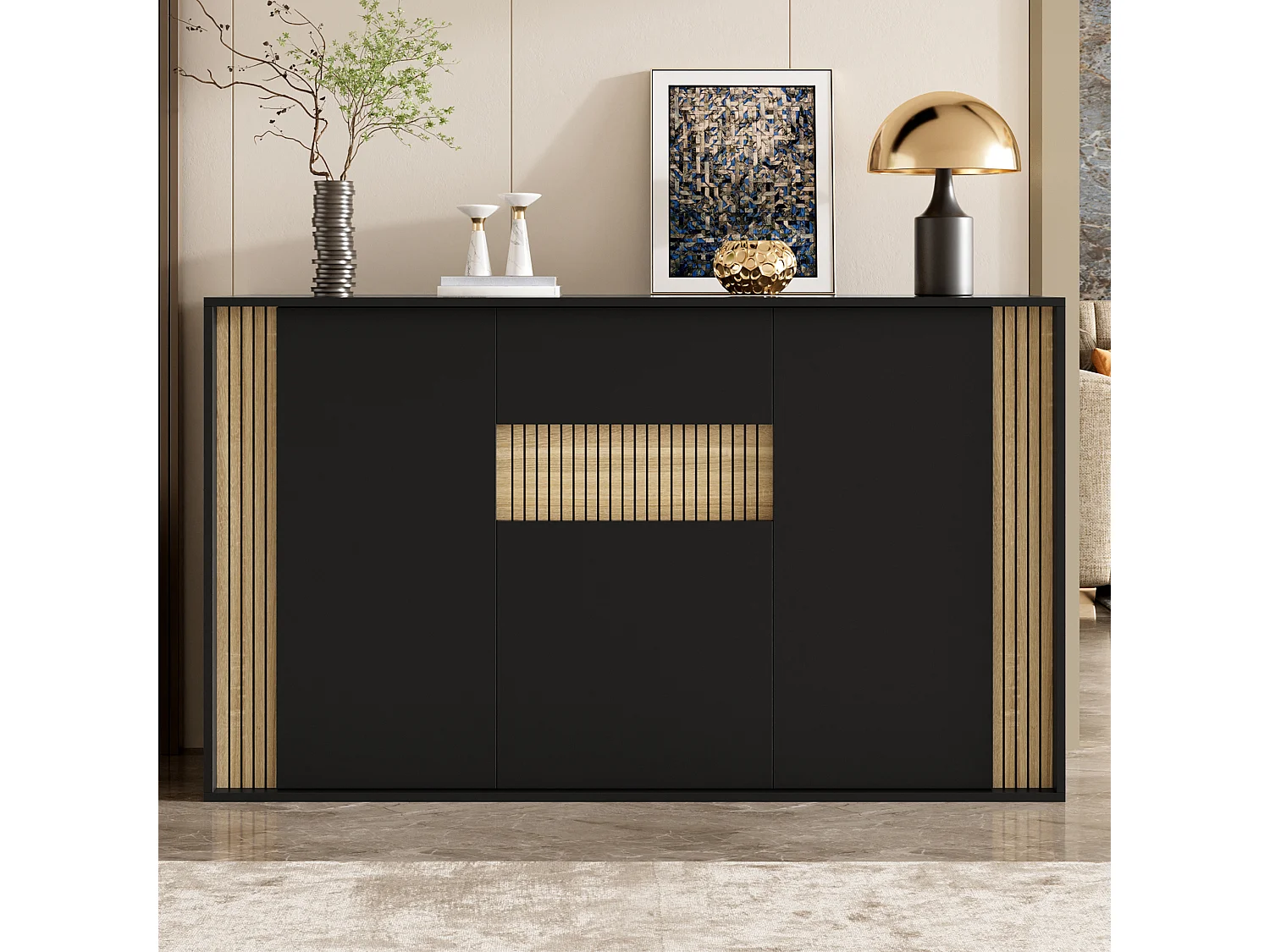 Aparador com 3 portas, 1 gaveta e iluminação LED ajustável - Aglomerado - 140 x 40 x 82 cm - Preto e madeira natural