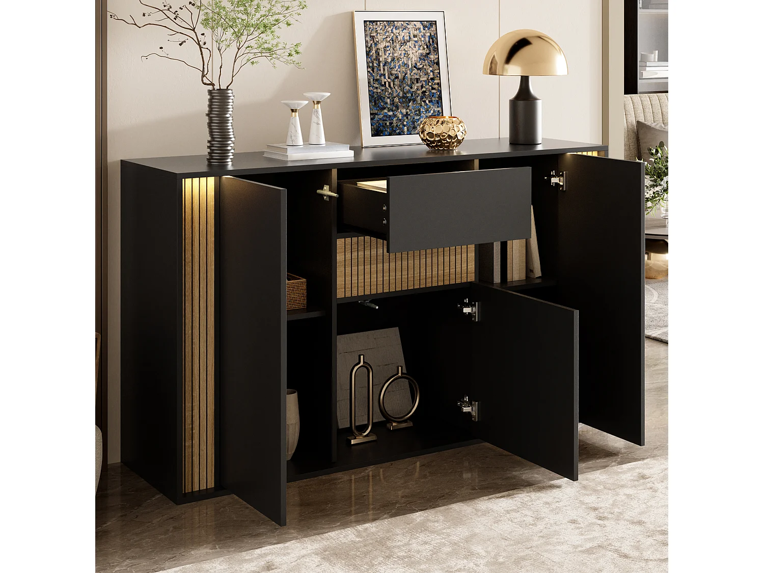 Aparador com 3 portas, 1 gaveta e iluminação LED ajustável - Aglomerado - 140 x 40 x 82 cm - Preto e madeira natural