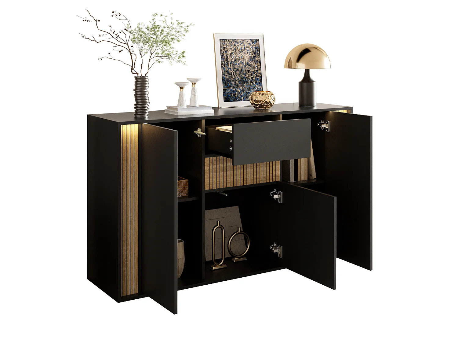 Aparador com 3 portas, 1 gaveta e iluminação LED ajustável - Aglomerado - 140 x 40 x 82 cm - Preto e madeira natural