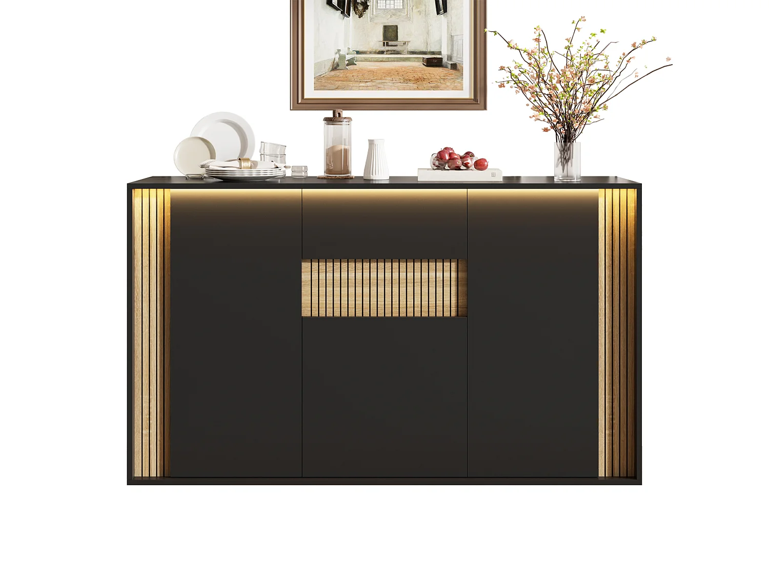 Aparador com 3 portas, 1 gaveta e iluminação LED ajustável - Aglomerado - 140 x 40 x 82 cm - Preto e madeira natural