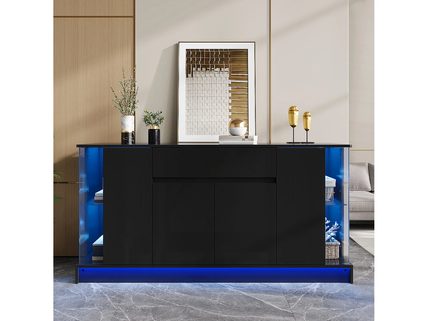 Laag dressoir met 4 deuren (2 van glas), 1 lade en ledverlichting - Spaanplaat - 150 x 40 x 75 cm - Zwart