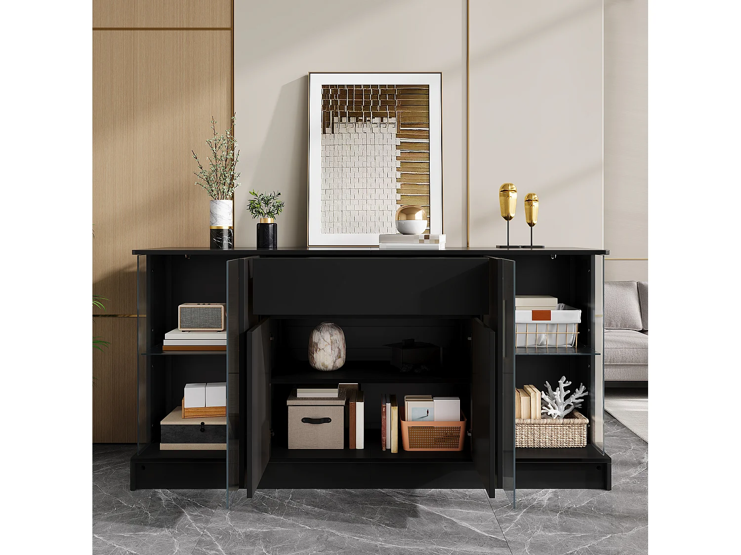 Laag dressoir met 4 deuren (2 van glas), 1 lade en ledverlichting - Spaanplaat - 150 x 40 x 75 cm - Zwart