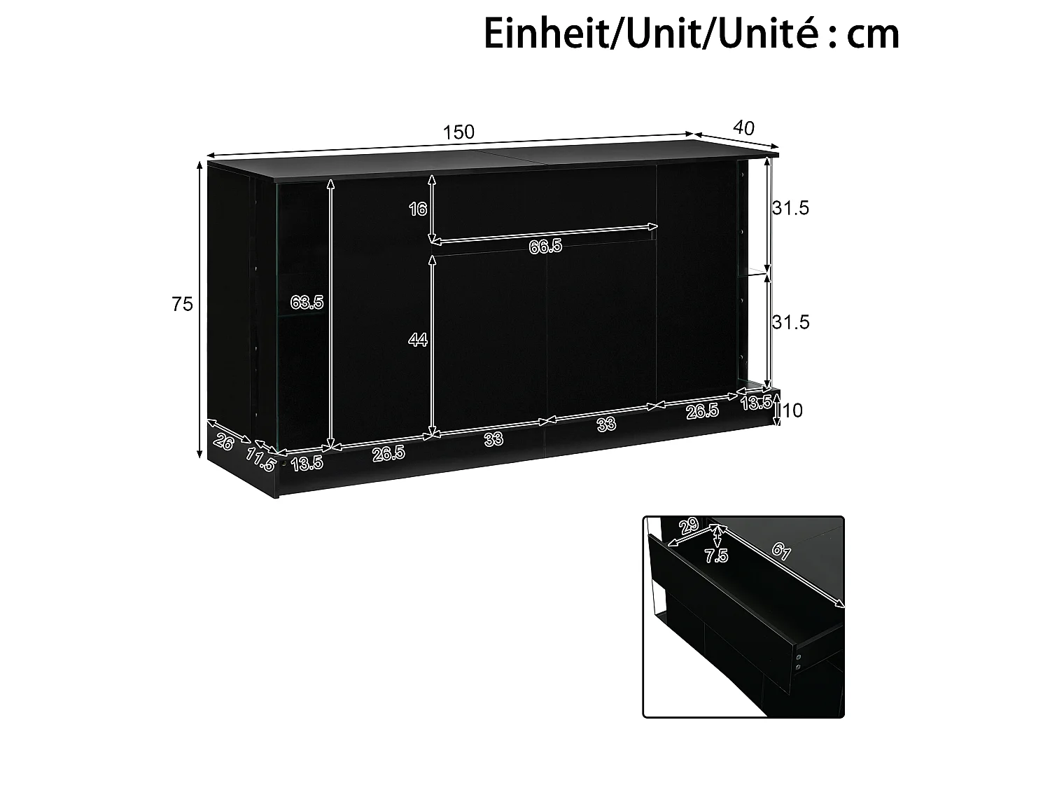 Laag dressoir met 4 deuren (2 van glas), 1 lade en ledverlichting - Spaanplaat - 150 x 40 x 75 cm - Zwart