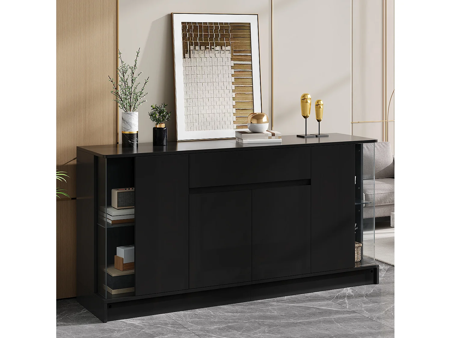 Laag dressoir met 4 deuren (2 van glas), 1 lade en ledverlichting - Spaanplaat - 150 x 40 x 75 cm - Zwart
