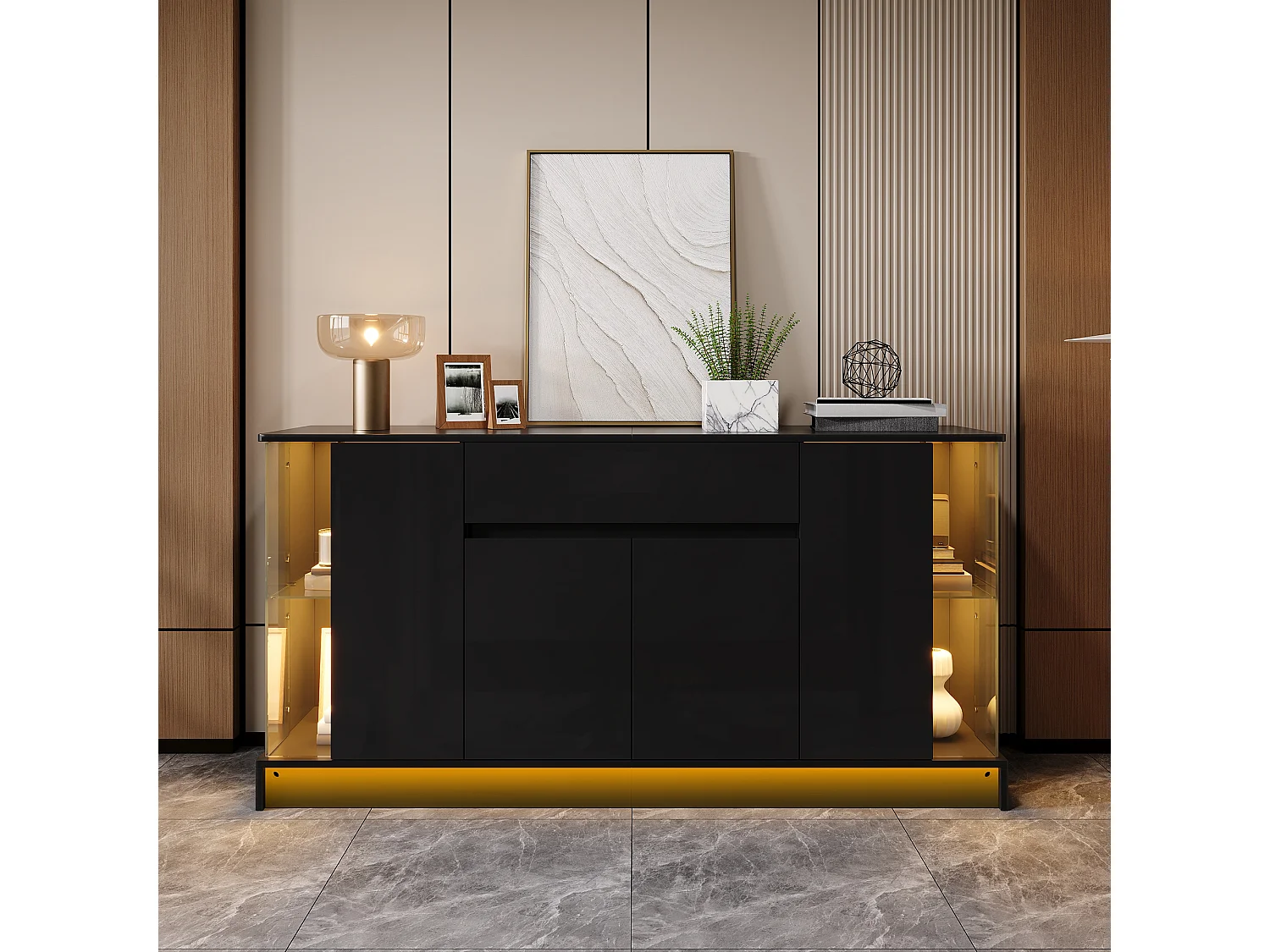 Laag dressoir met 4 deuren (2 van glas), 1 lade en ledverlichting - Spaanplaat - 150 x 40 x 75 cm - Zwart